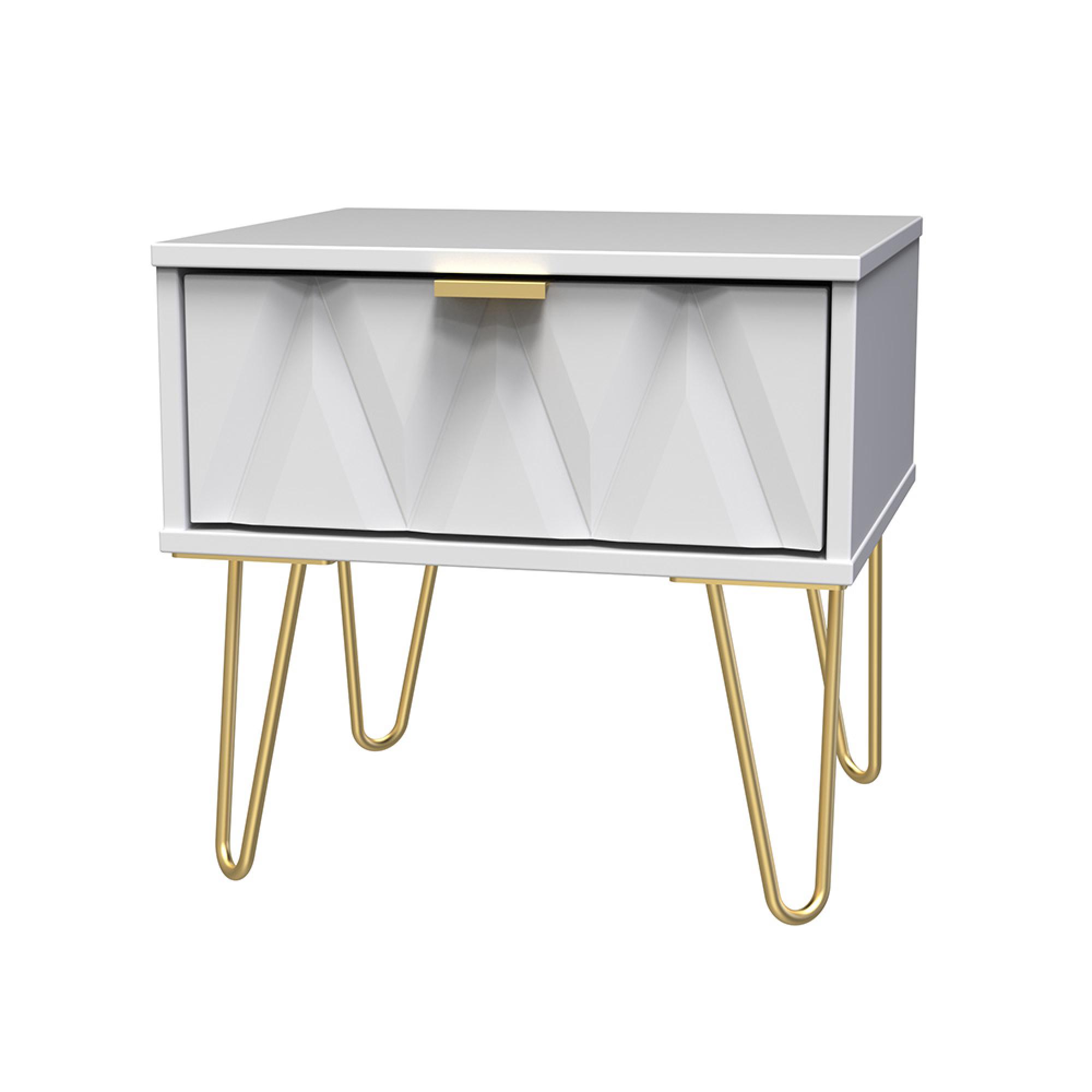 Diamond Bedside Table - 1 Drawer - with Gold Hairpin Legs - White