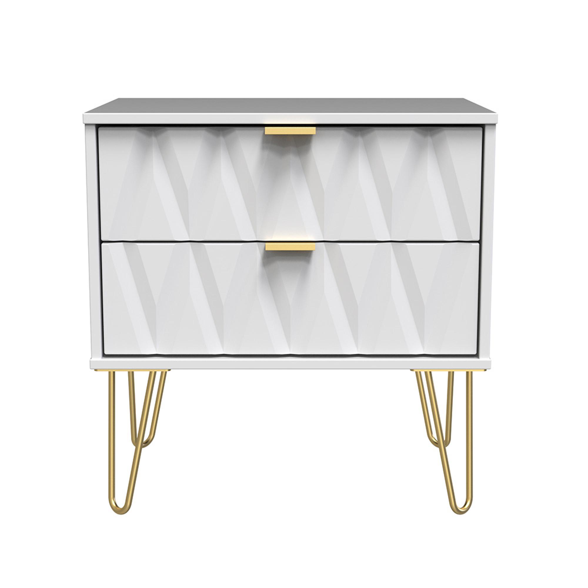 Diamond Midi Bedside Cabinet - 2 Drawer - with Gold Hairpin Legs - White