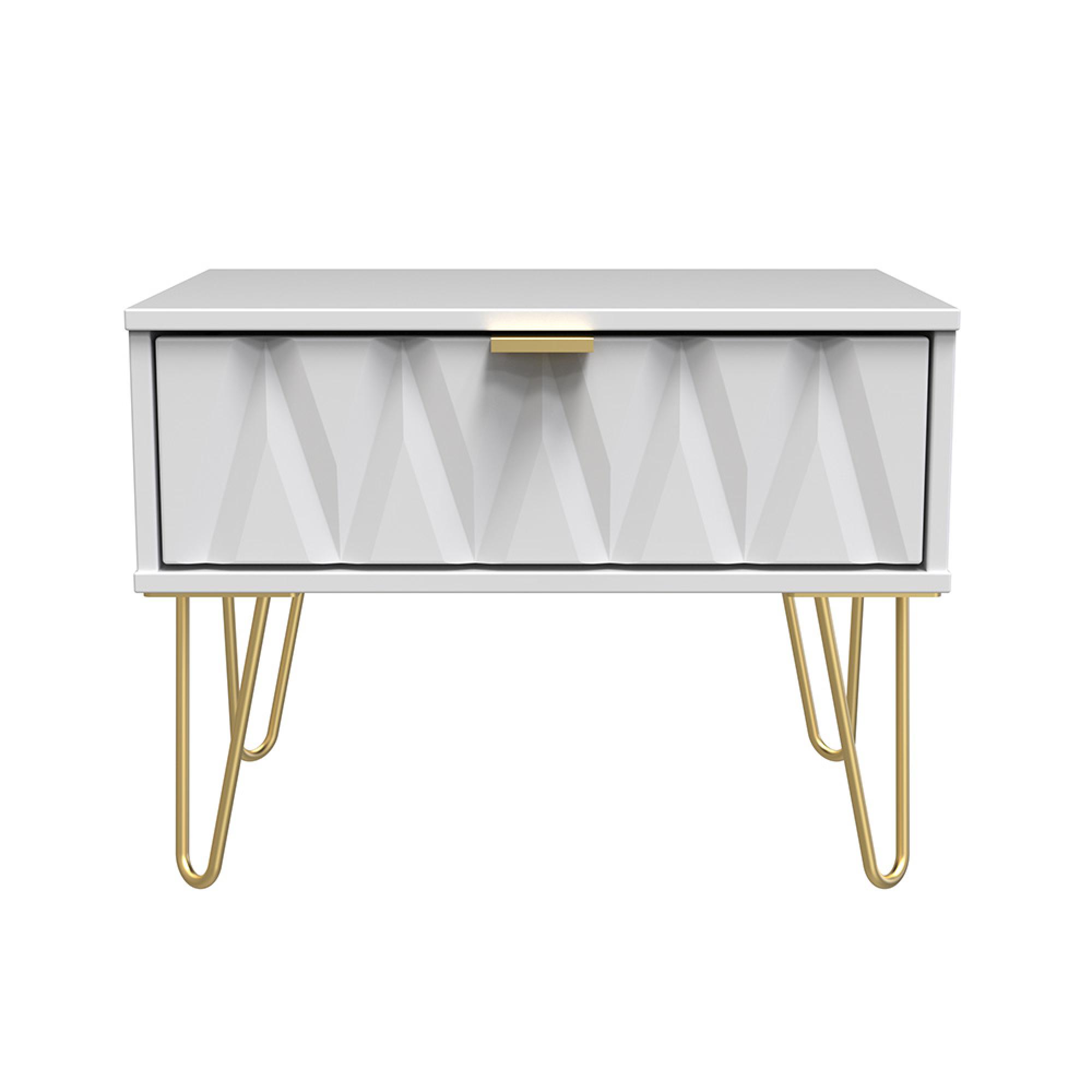 Diamond Midi Bedside Table - 1 Drawer - with Gold Hairpin Legs - White