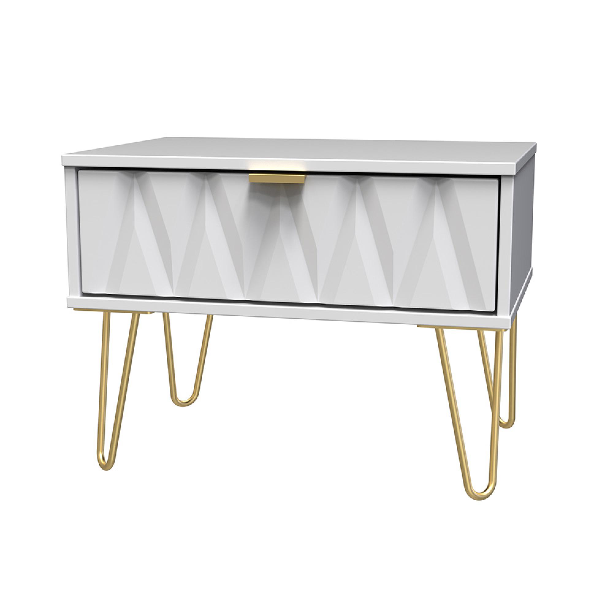 Diamond Midi Bedside Table - 1 Drawer - with Gold Hairpin Legs - White