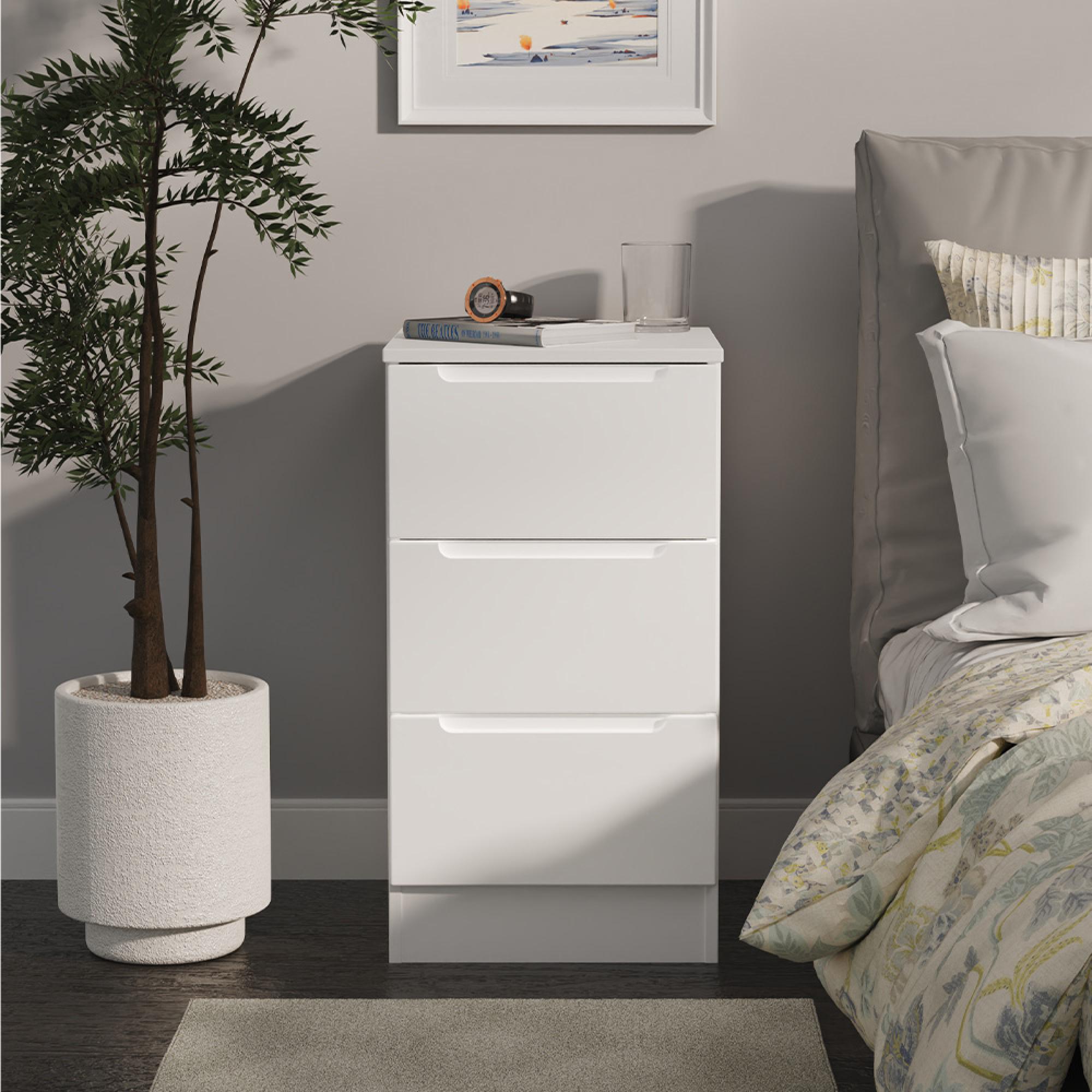 Milan Bedside Cabinet - 3 Drawer - White Gloss