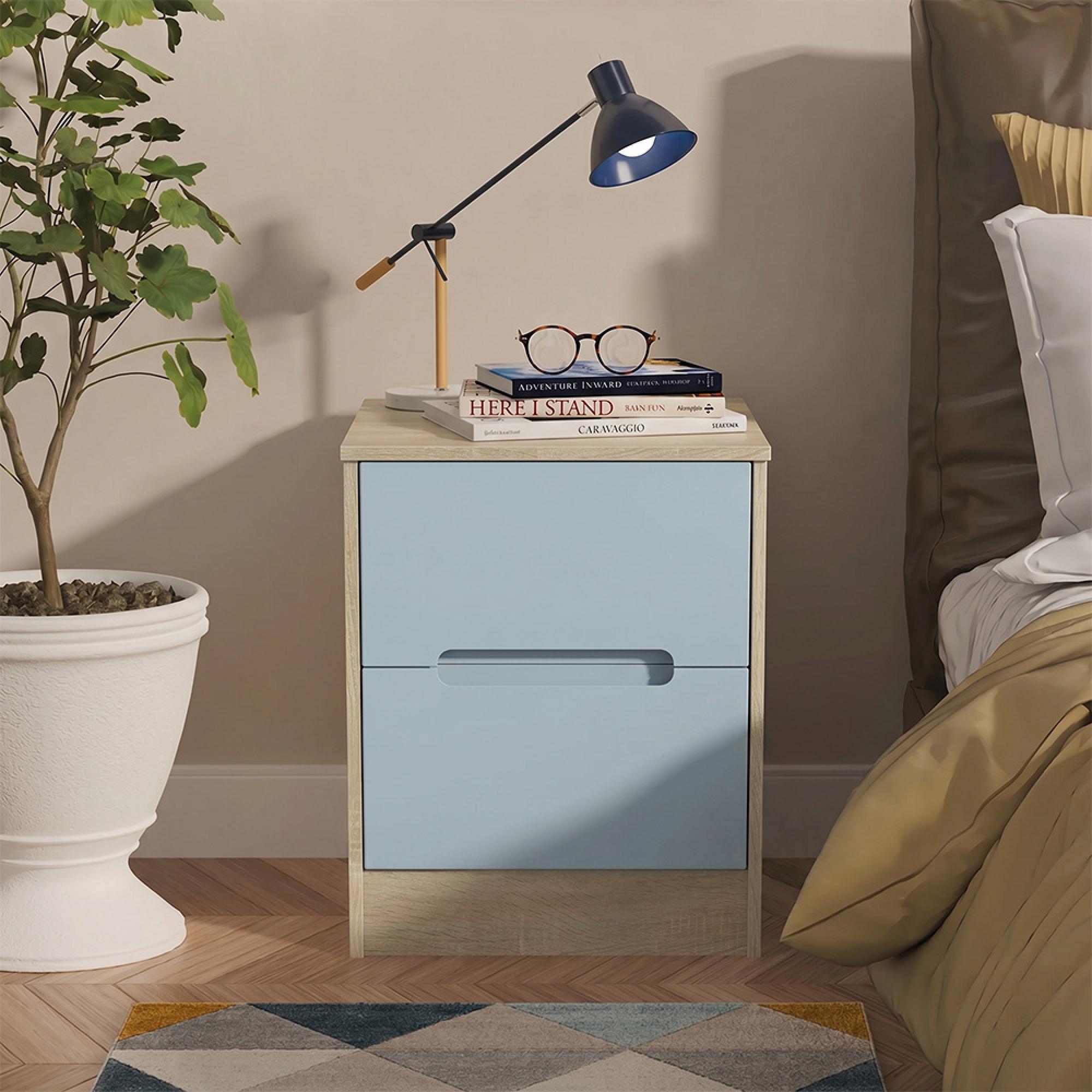 Monaco Bedside Cabinet - 2 Drawer - Denim and Oak