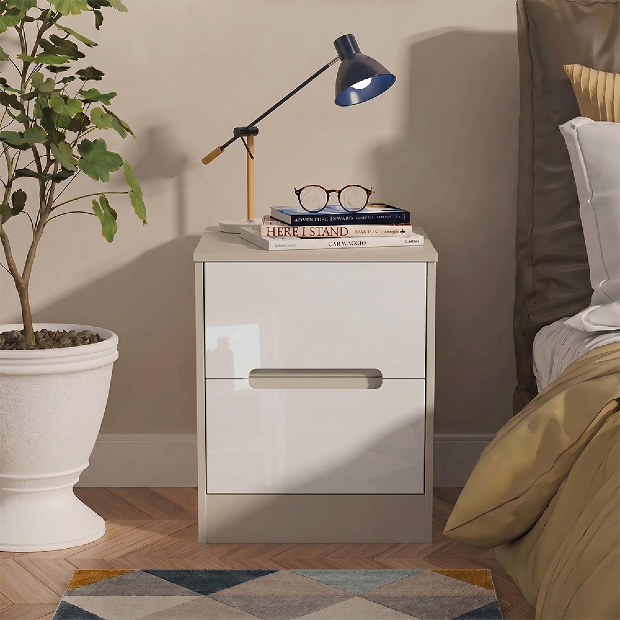 Monaco Bedside Cabinet - 2 Drawer - White Gloss and Cashmere