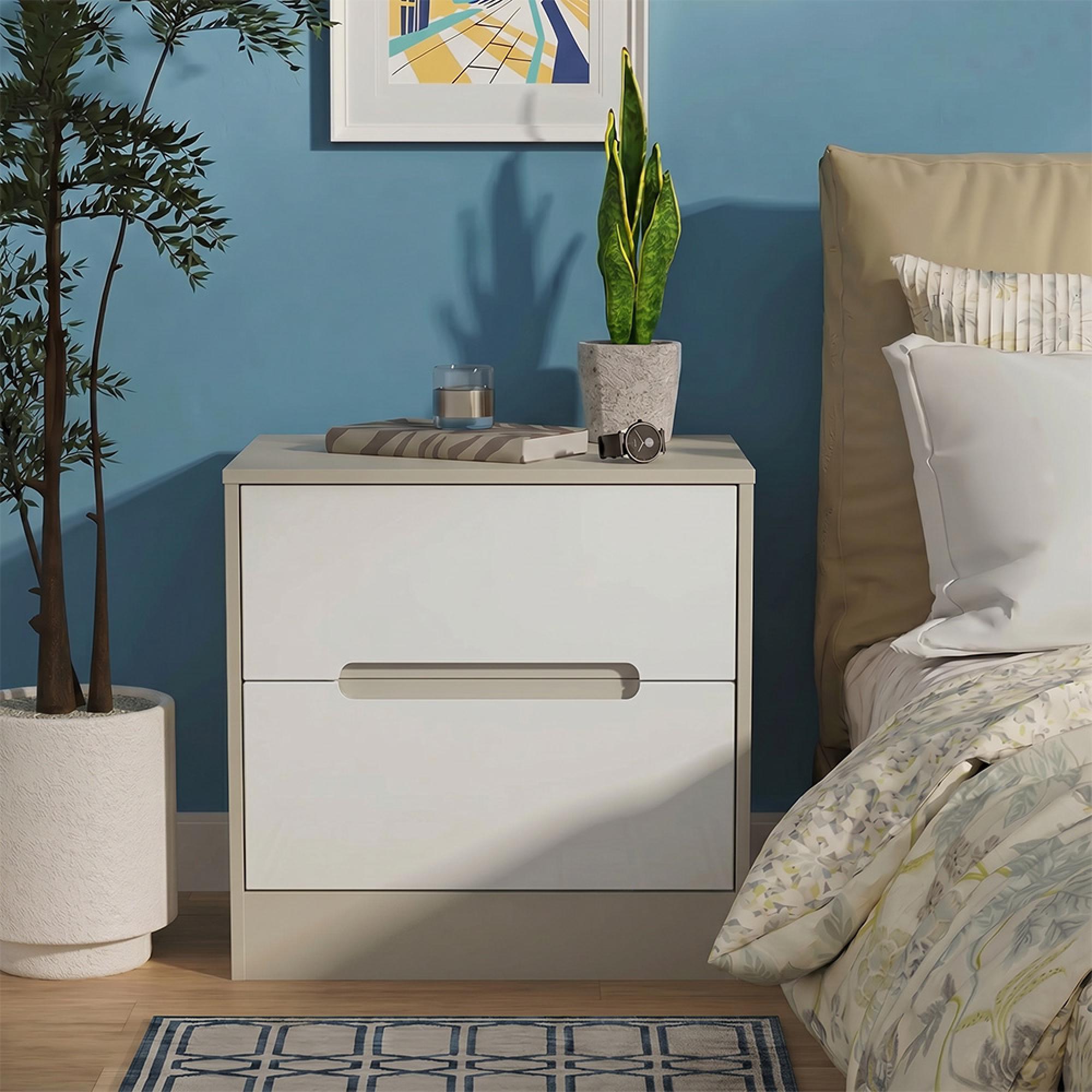 Monaco Bedside Cabinet - Wide - 2 Drawer - White Gloss and Cashmere