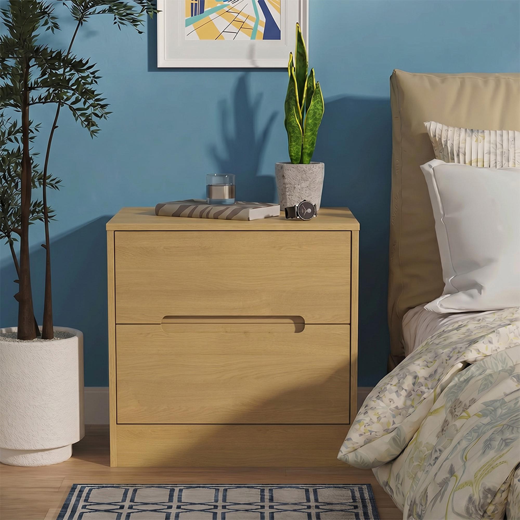 Monaco Bedside Cabinet - Wide - 2 Drawer - Modern Oak