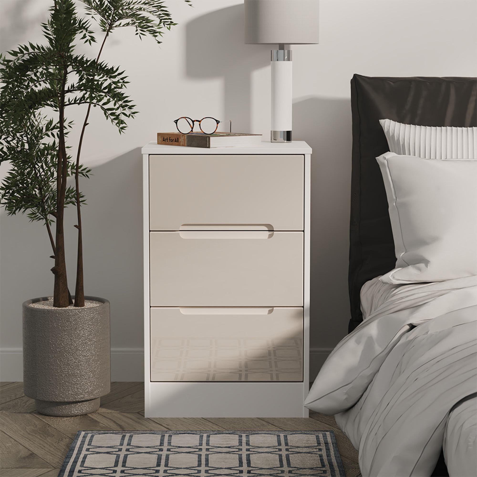 Monaco Bedside Cabinet - 3 Drawer - Cashmere Gloss and White