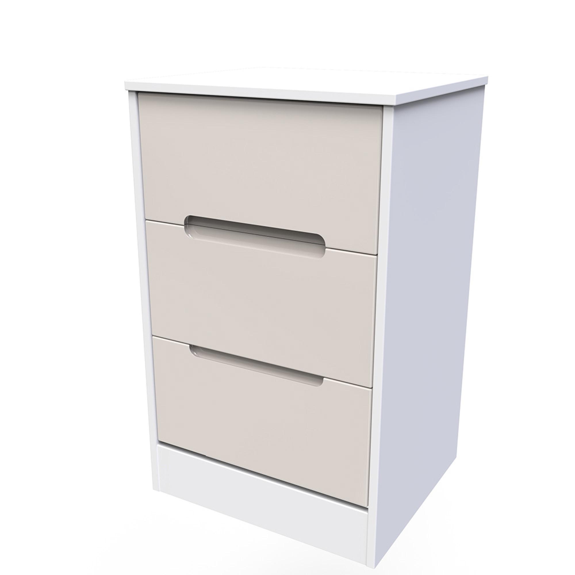 Monaco Bedside Cabinet - 3 Drawer - Cashmere Gloss and White