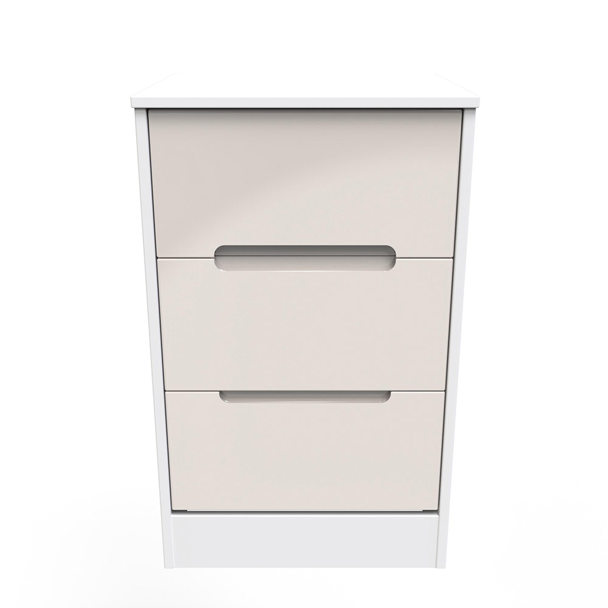 Monaco Bedside Cabinet - 3 Drawer - Cashmere Gloss and White