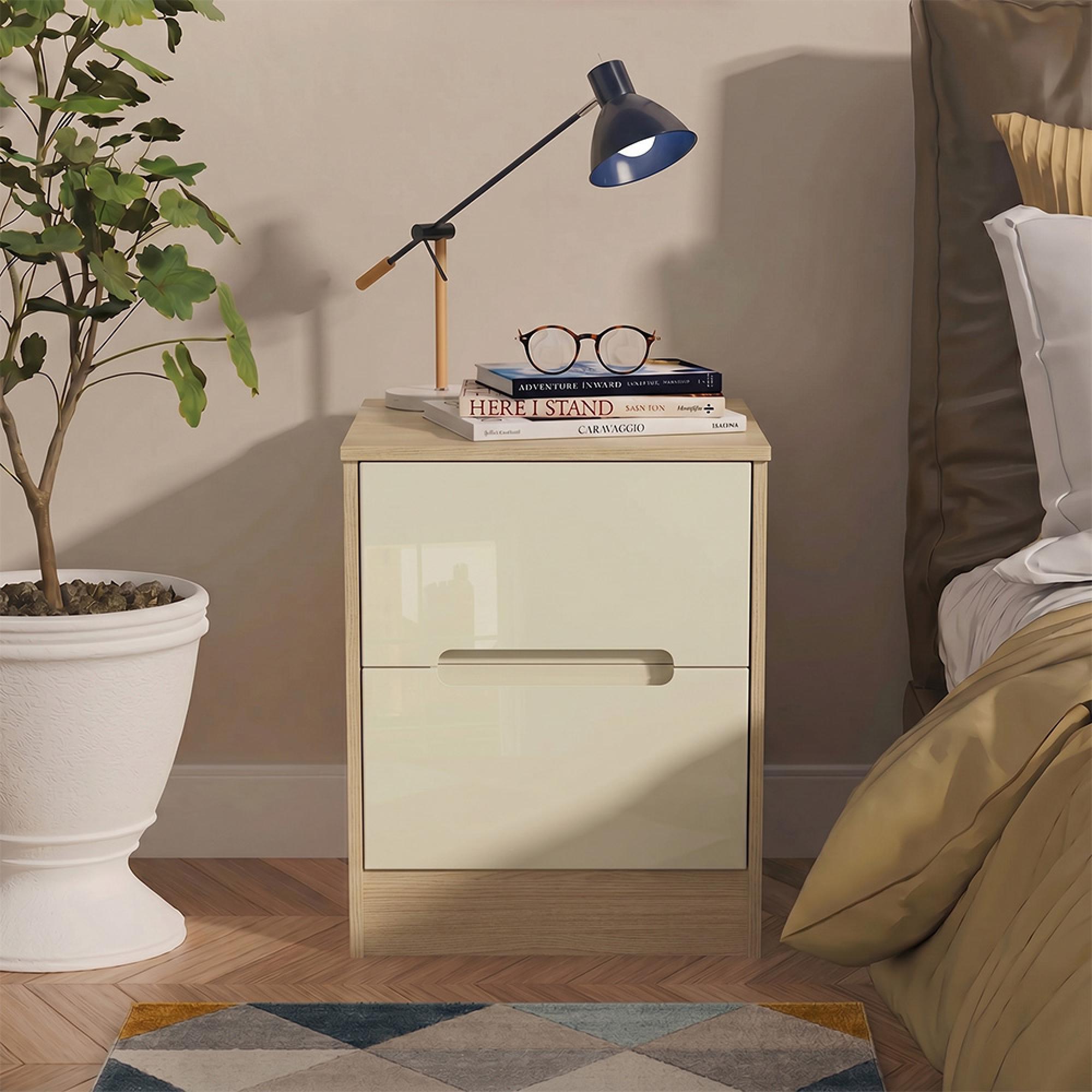Monaco Bedside Cabinet - 2 Drawer - Cream Gloss and Light Oak