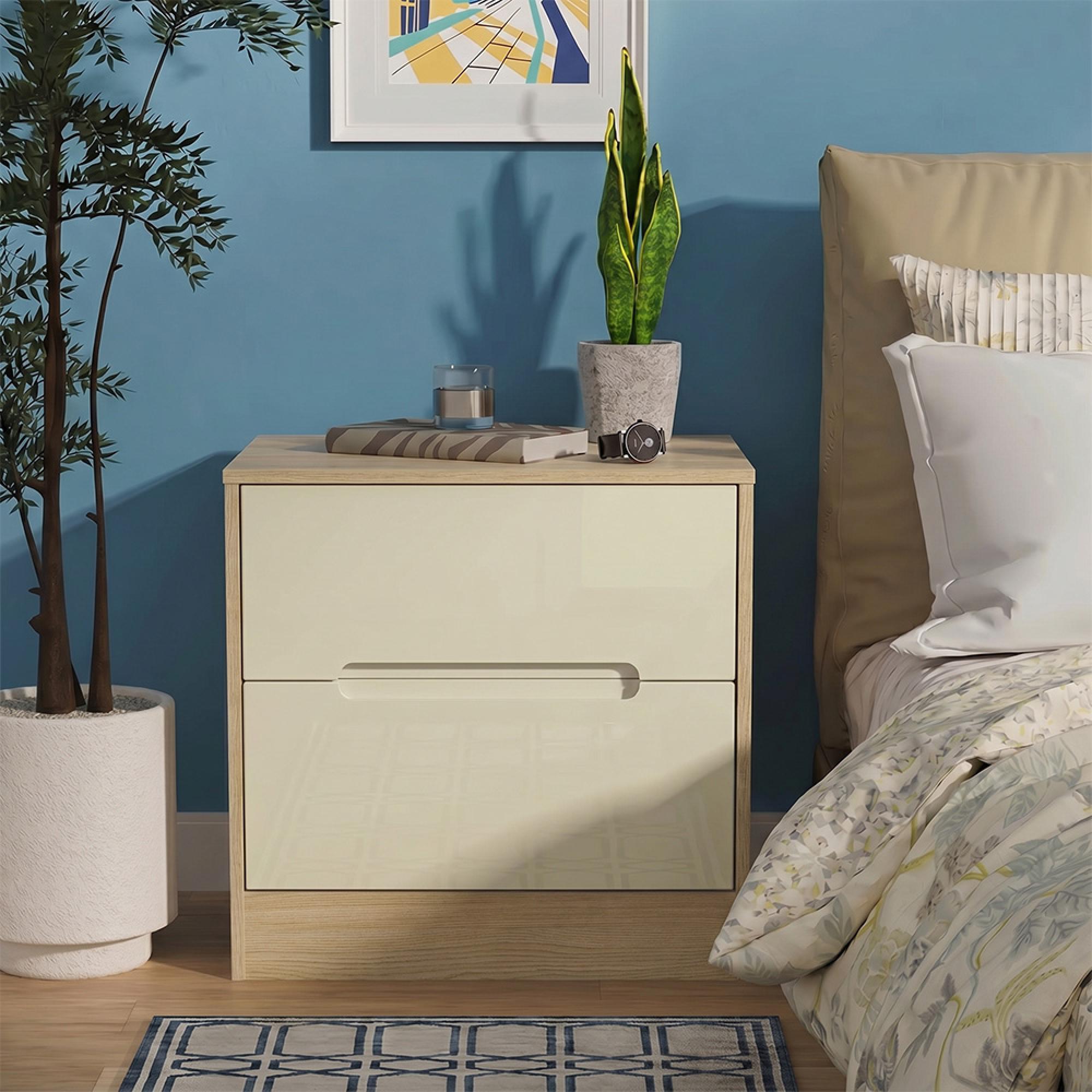 Monaco Bedside Cabinet - Wide - 2 Drawer - Cream Gloss and Light Oak
