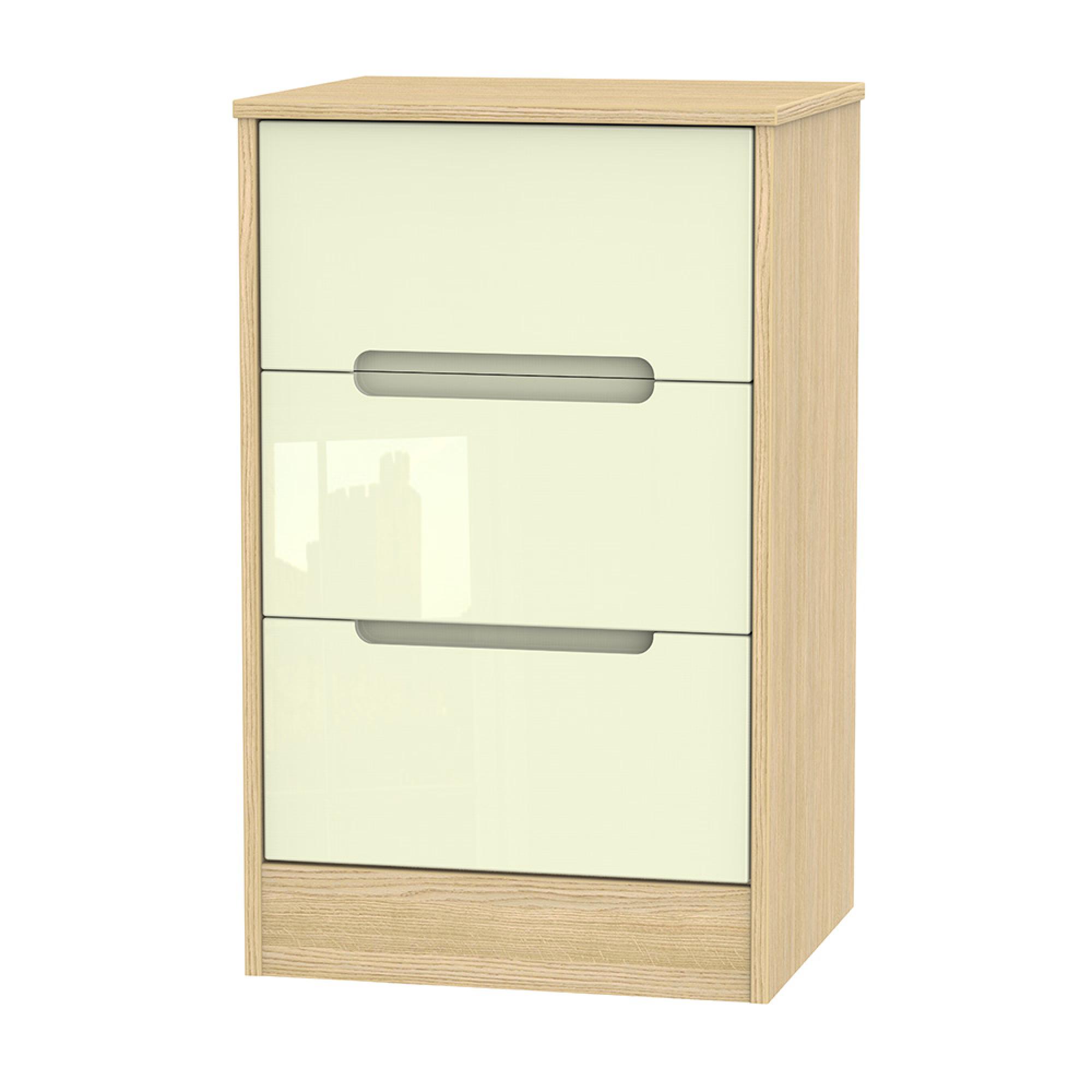 Monaco Bedside Cabinet - 3 Drawer - Cream Gloss and Light Oak