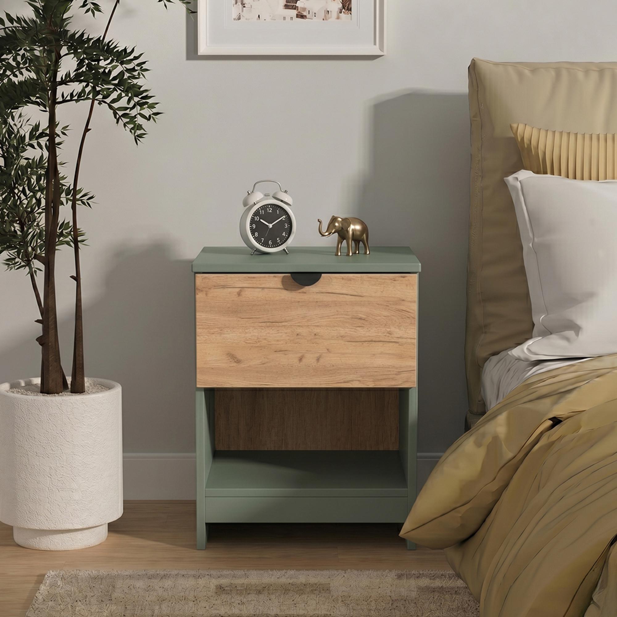 Bora Bedside Cabinet - 1 Drawer - Gold Craft Oak and Reed Green