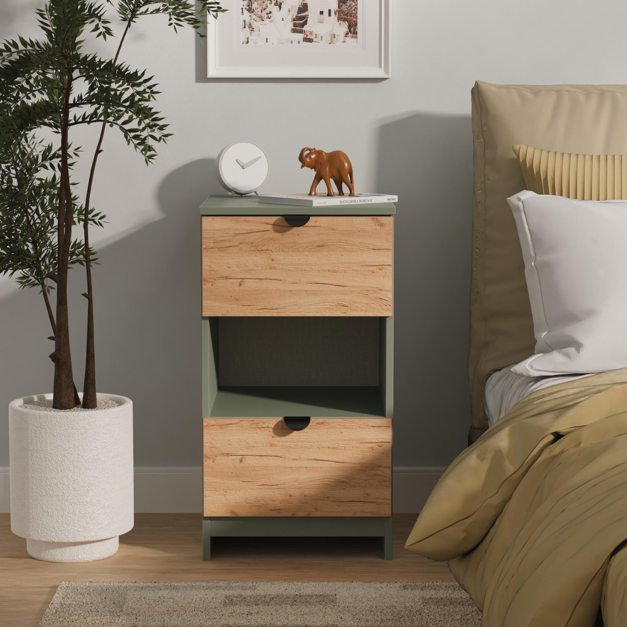 Bora Bedside Cabinet - 2 Drawer - Gold Craft Oak and Reed Green