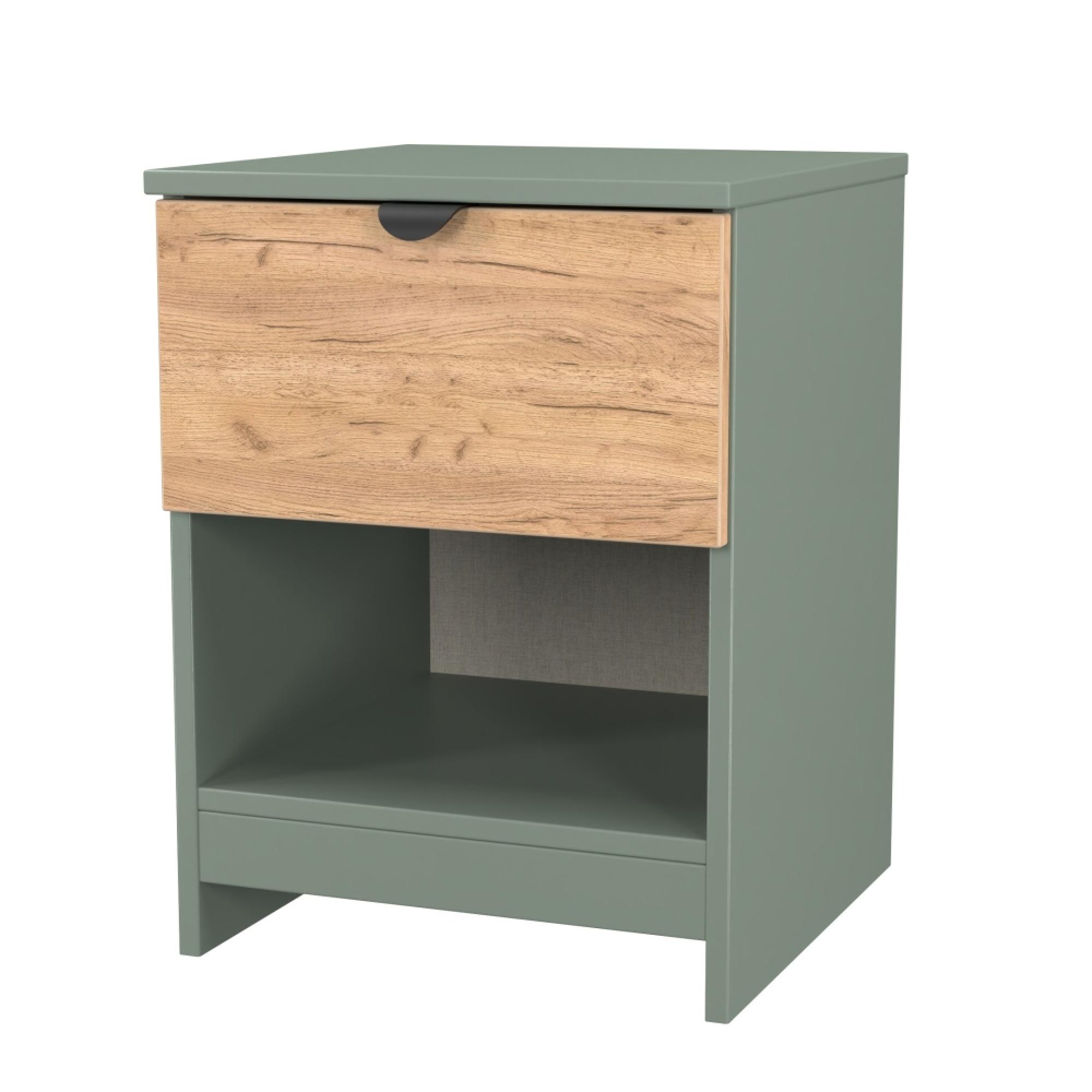 Bora Bedside Cabinet - 1 Drawer - Gold Craft Oak and Reed Green