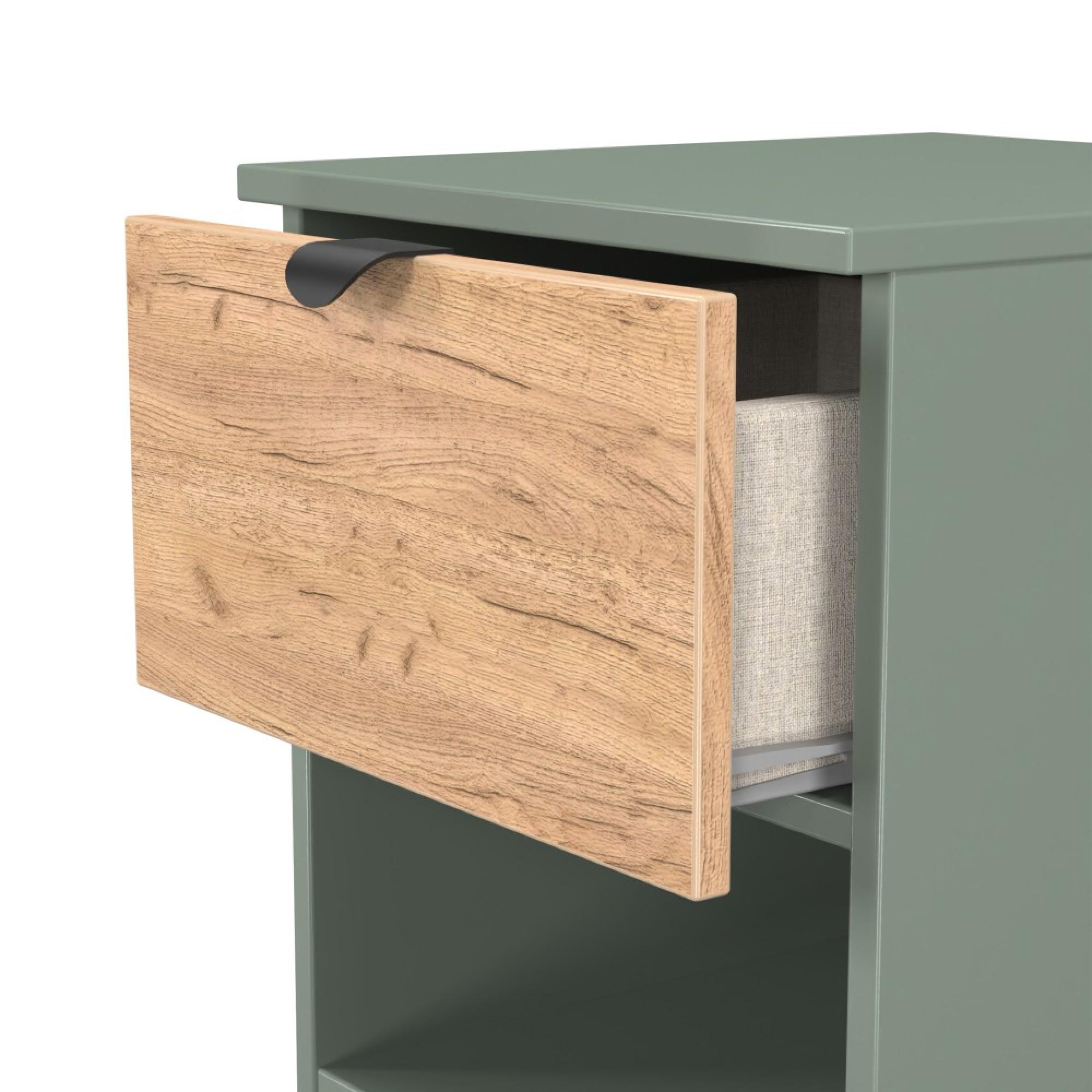 Bora Bedside Cabinet - 1 Drawer - Gold Craft Oak and Reed Green