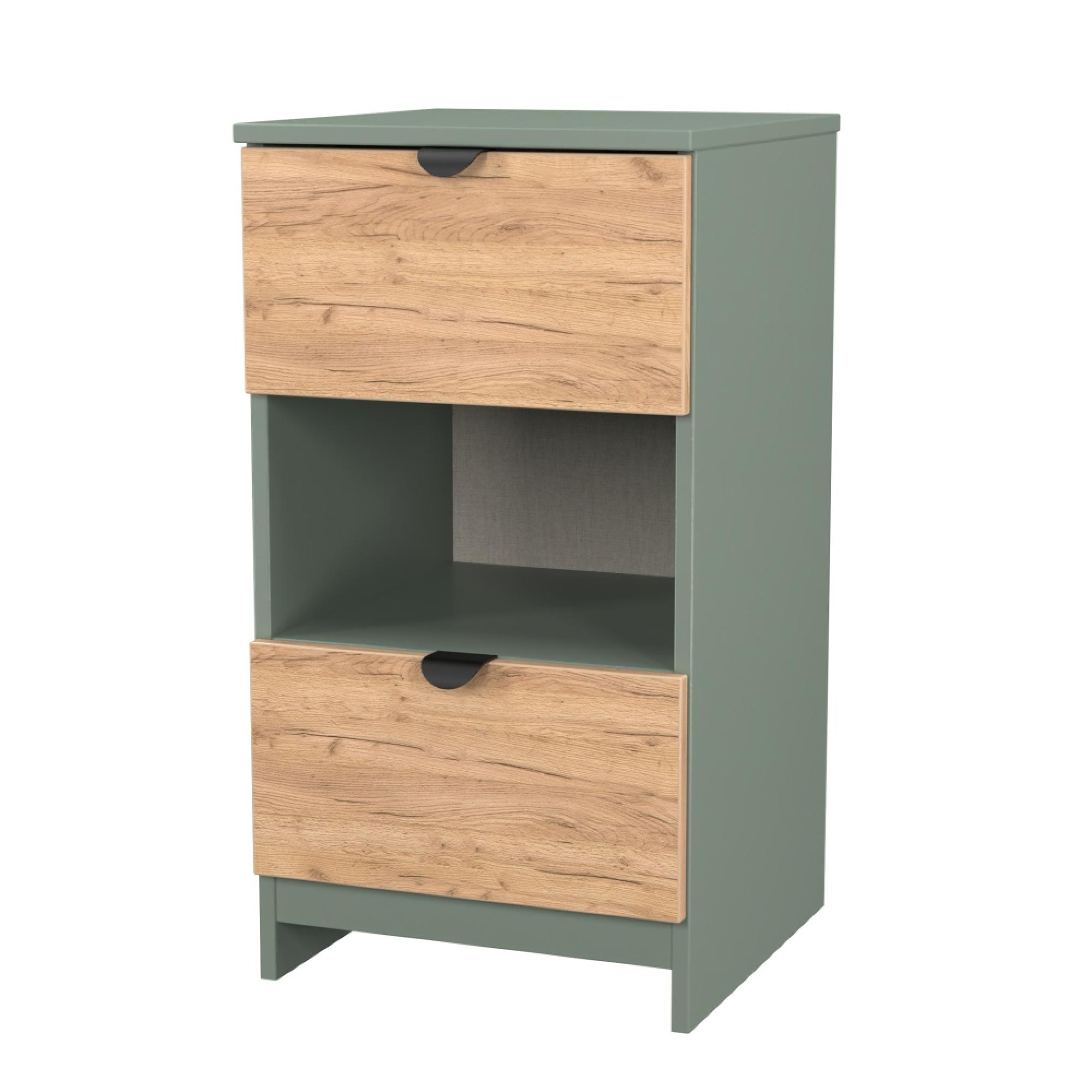 Bora Bedside Cabinet - 2 Drawer - Gold Craft Oak and Reed Green