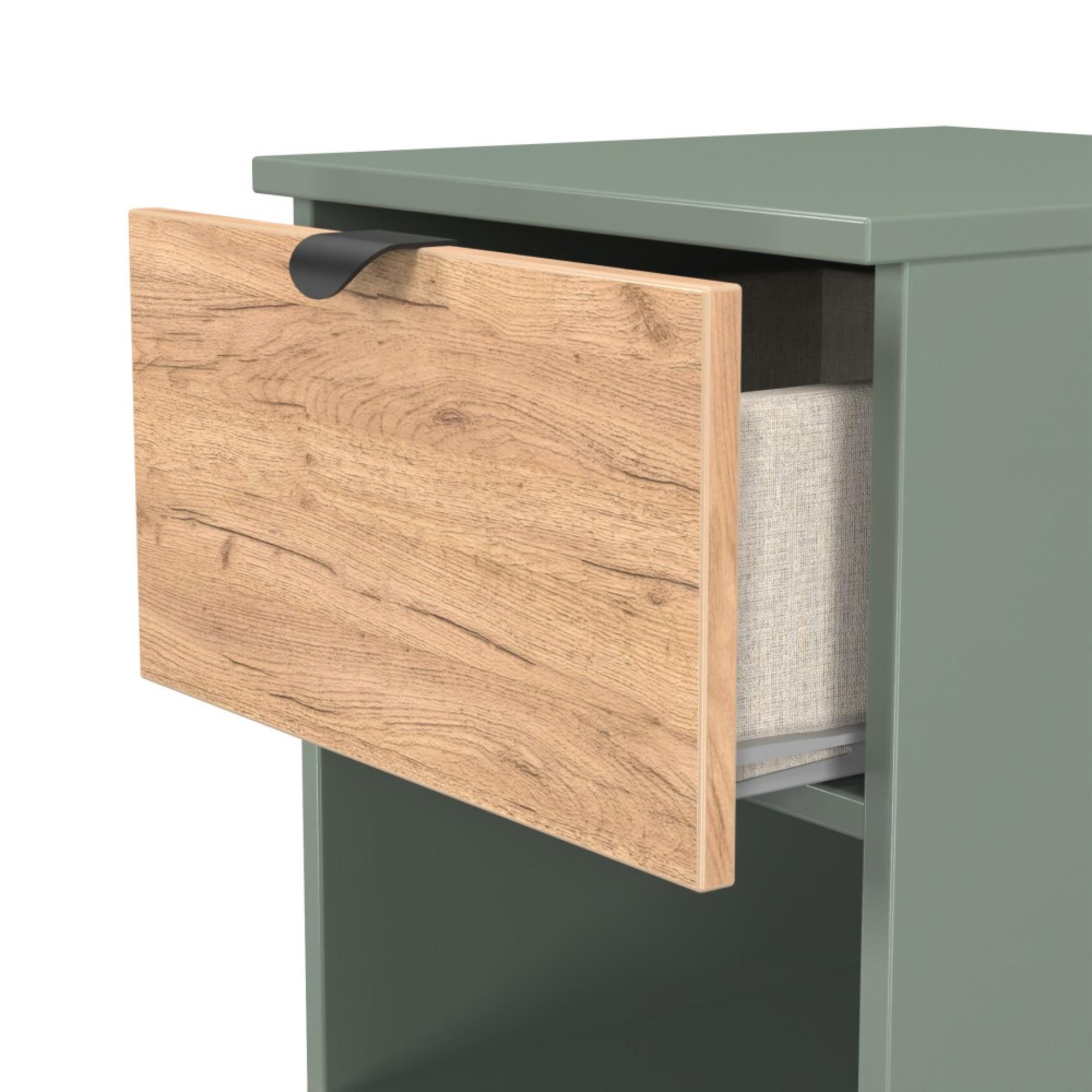 Bora Bedside Cabinet - 2 Drawer - Gold Craft Oak and Reed Green