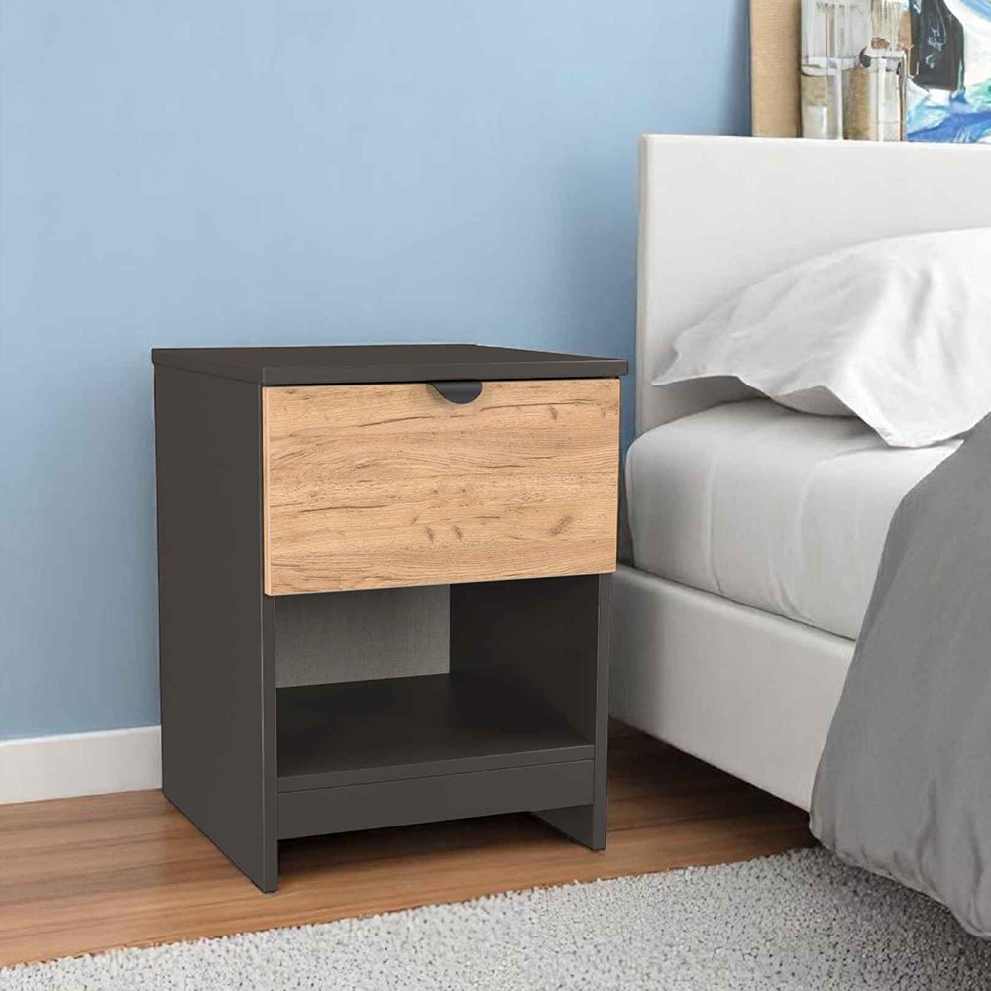 Bora Bedside Cabinet - 1 Drawer - Gold Craft Oak and Graphite