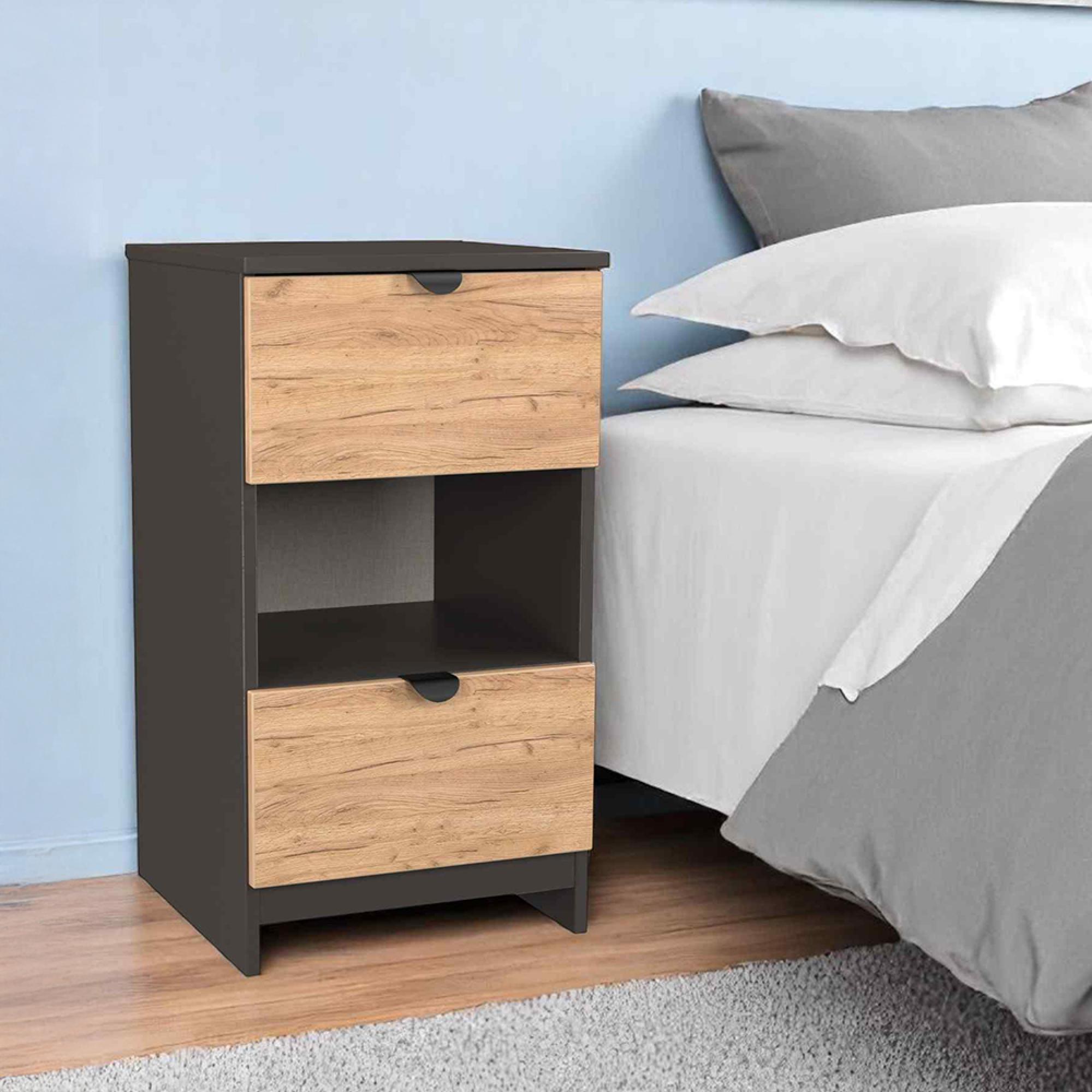 Bora Bedside Cabinet - 2 Drawer - Gold Craft Oak and Graphite