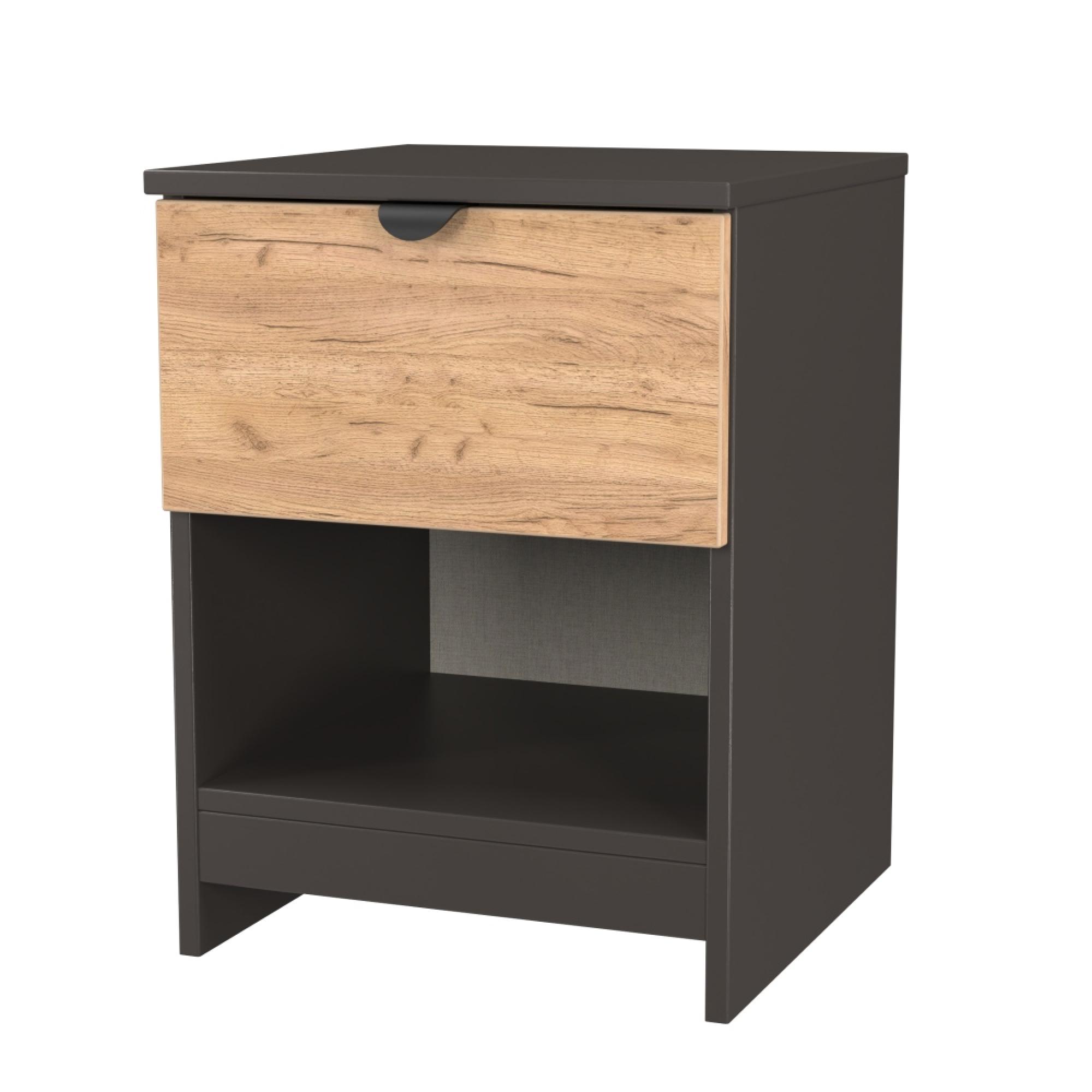 Bora Bedside Cabinet - 1 Drawer - Gold Craft Oak and Graphite