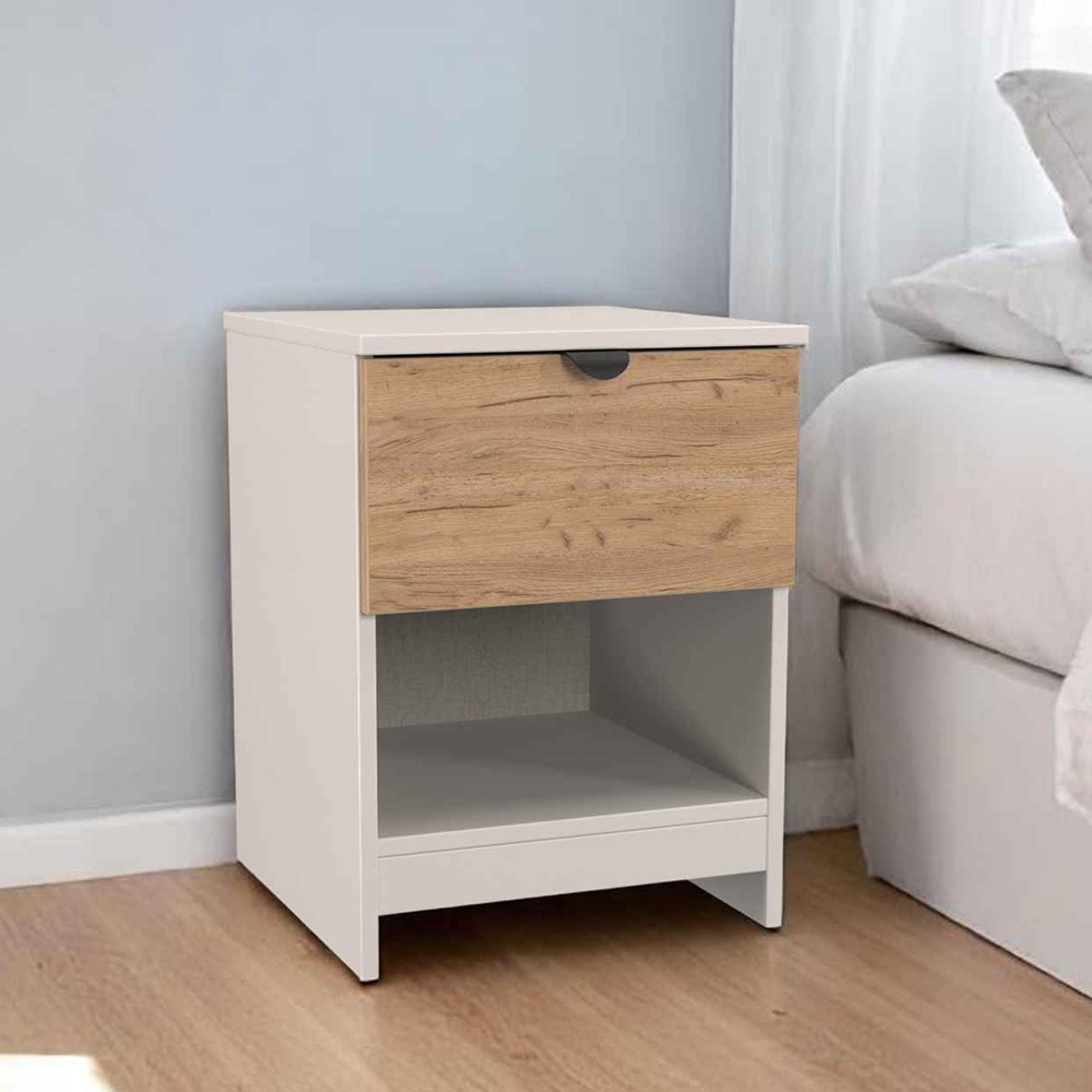 Bora Bedside Cabinet - 1 Drawer - Open Shelf - Gold Craft Oak and Kashmir Matt
