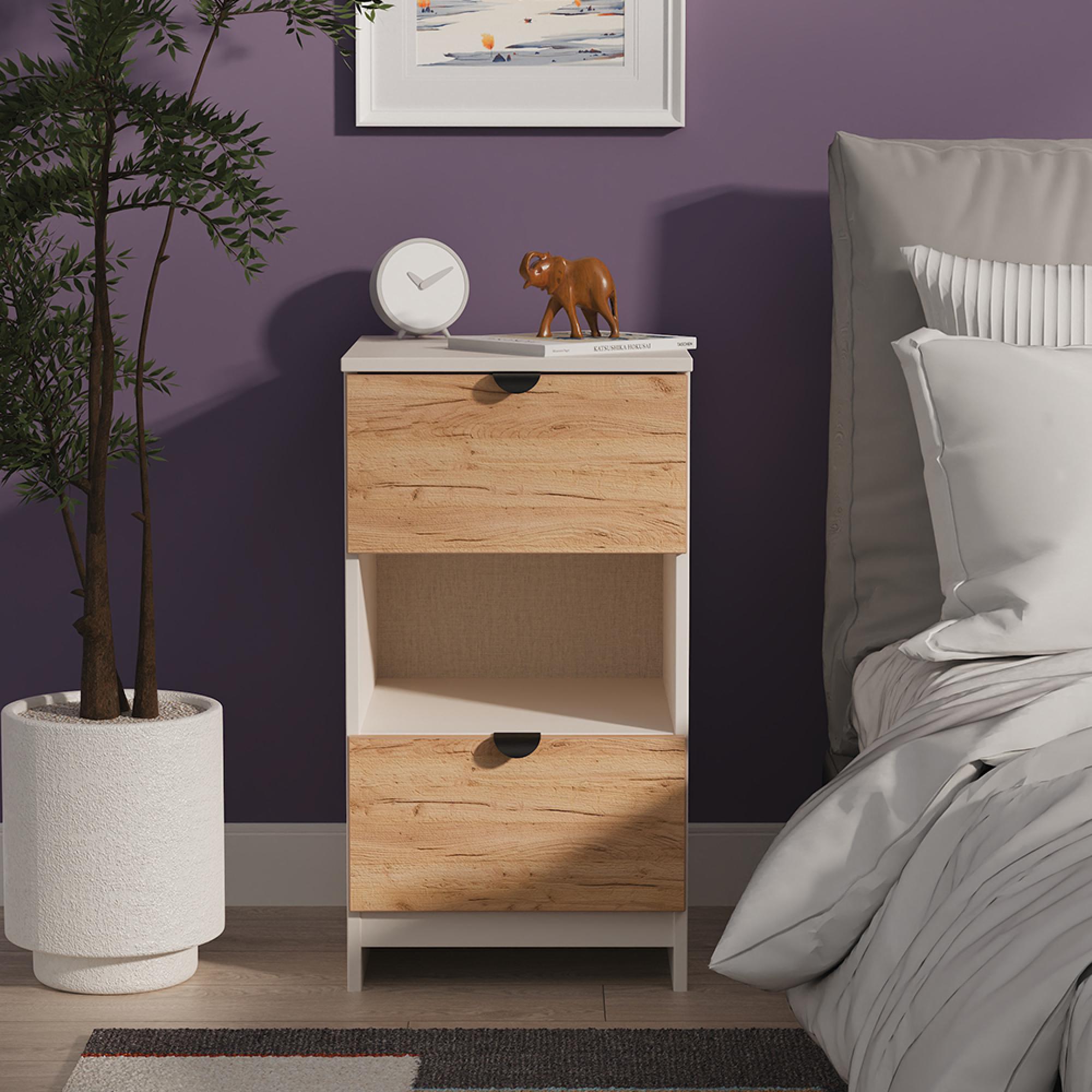 Bora Bedside Cabinet - 2 Drawer - Open Shelf - Gold Craft Oak and Kashmir Matt