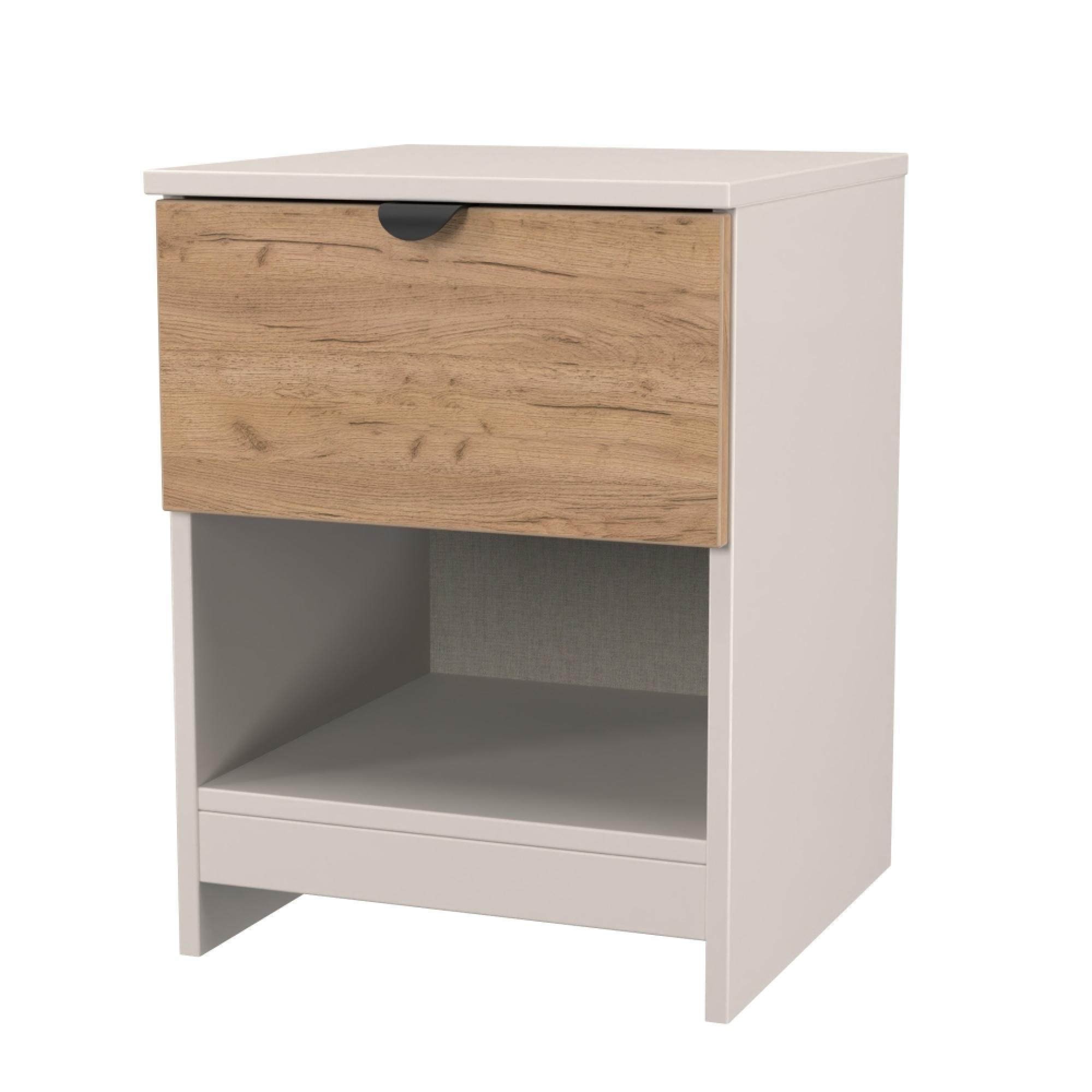 Bora Bedside Cabinet - 1 Drawer - Open Shelf - Gold Craft Oak and Kashmir Matt