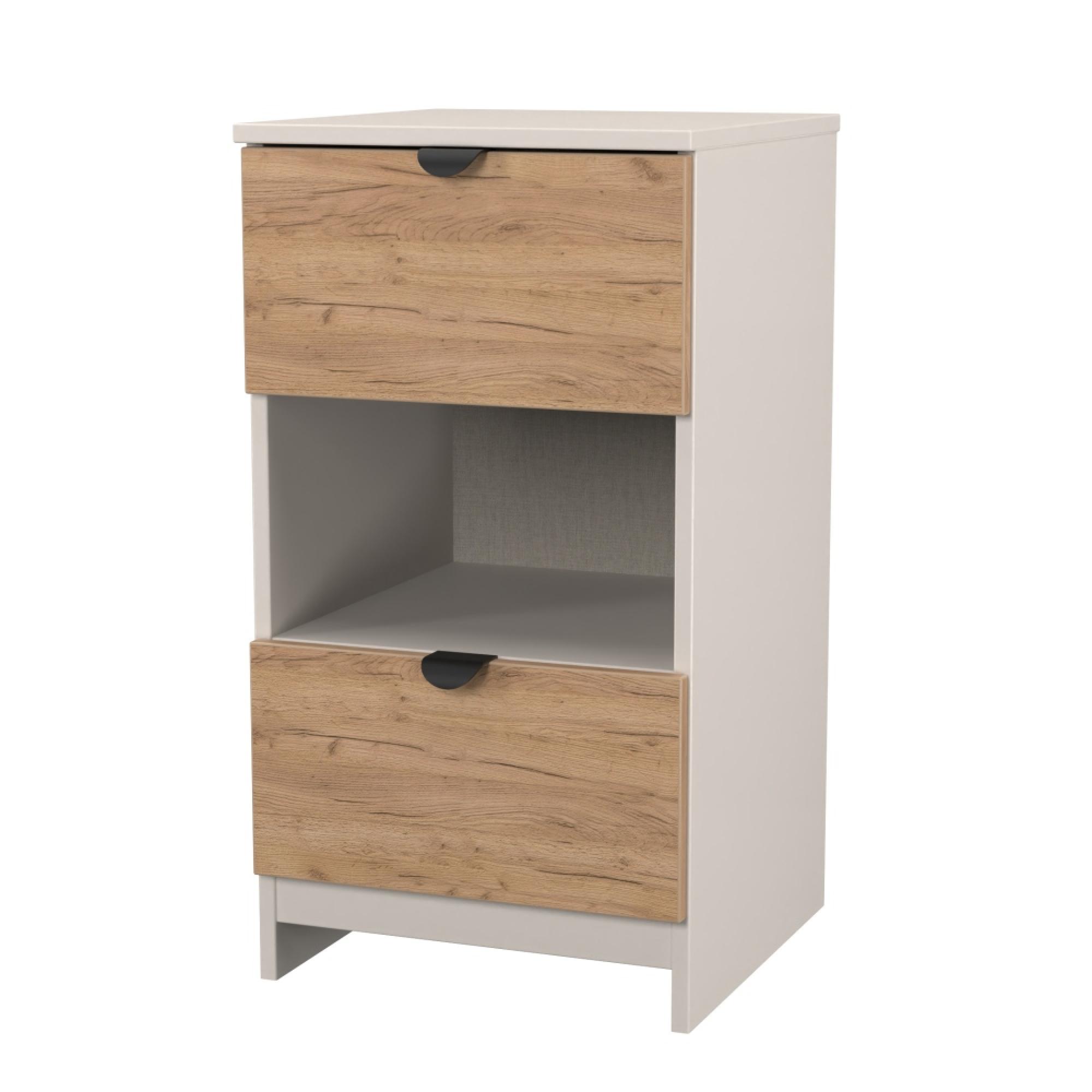 Bora Bedside Cabinet - 2 Drawer - Open Shelf - Gold Craft Oak and Kashmir Matt