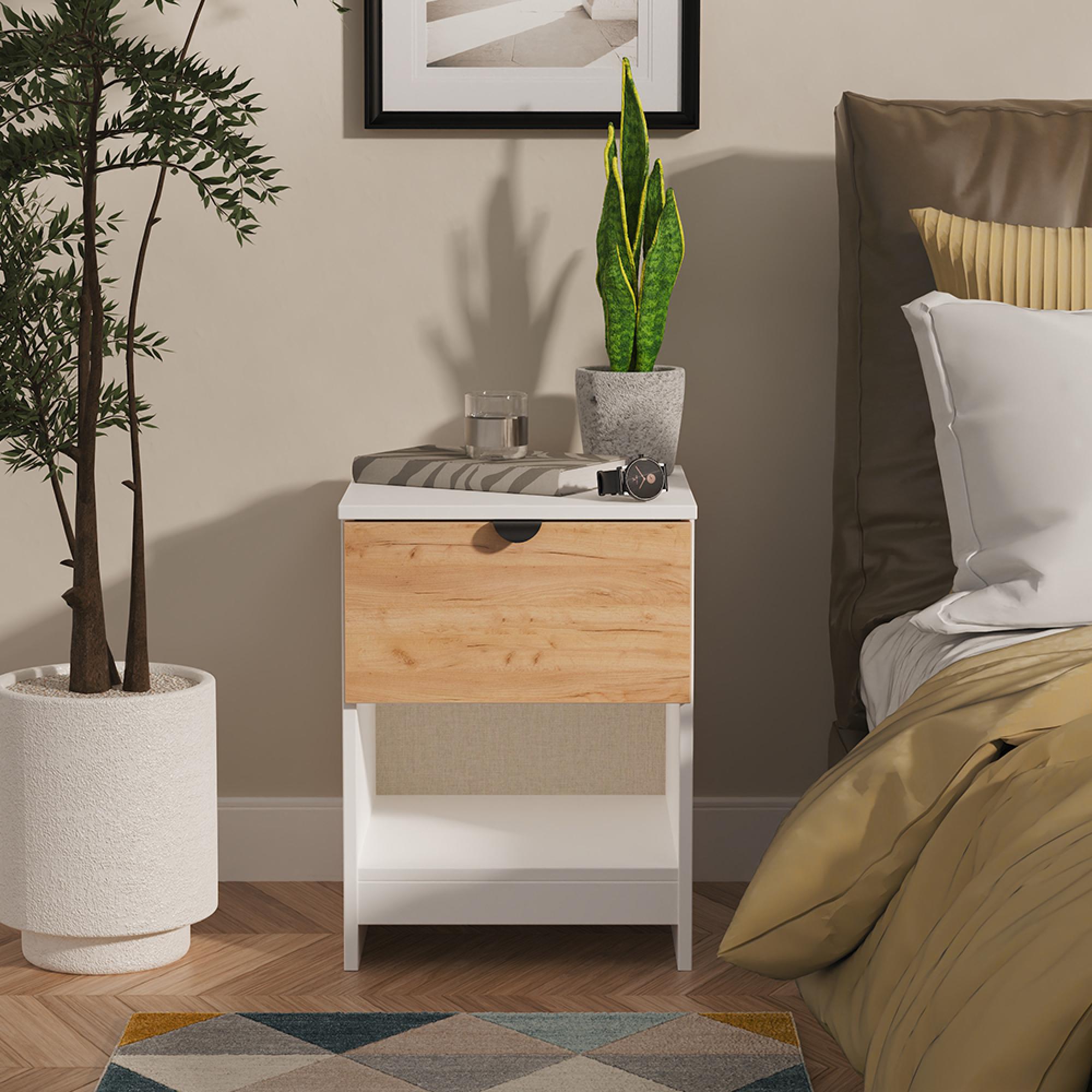 Bora Bedside Cabinet - 1 Drawer - Open Shelf - Gold Craft Oak and White Matt