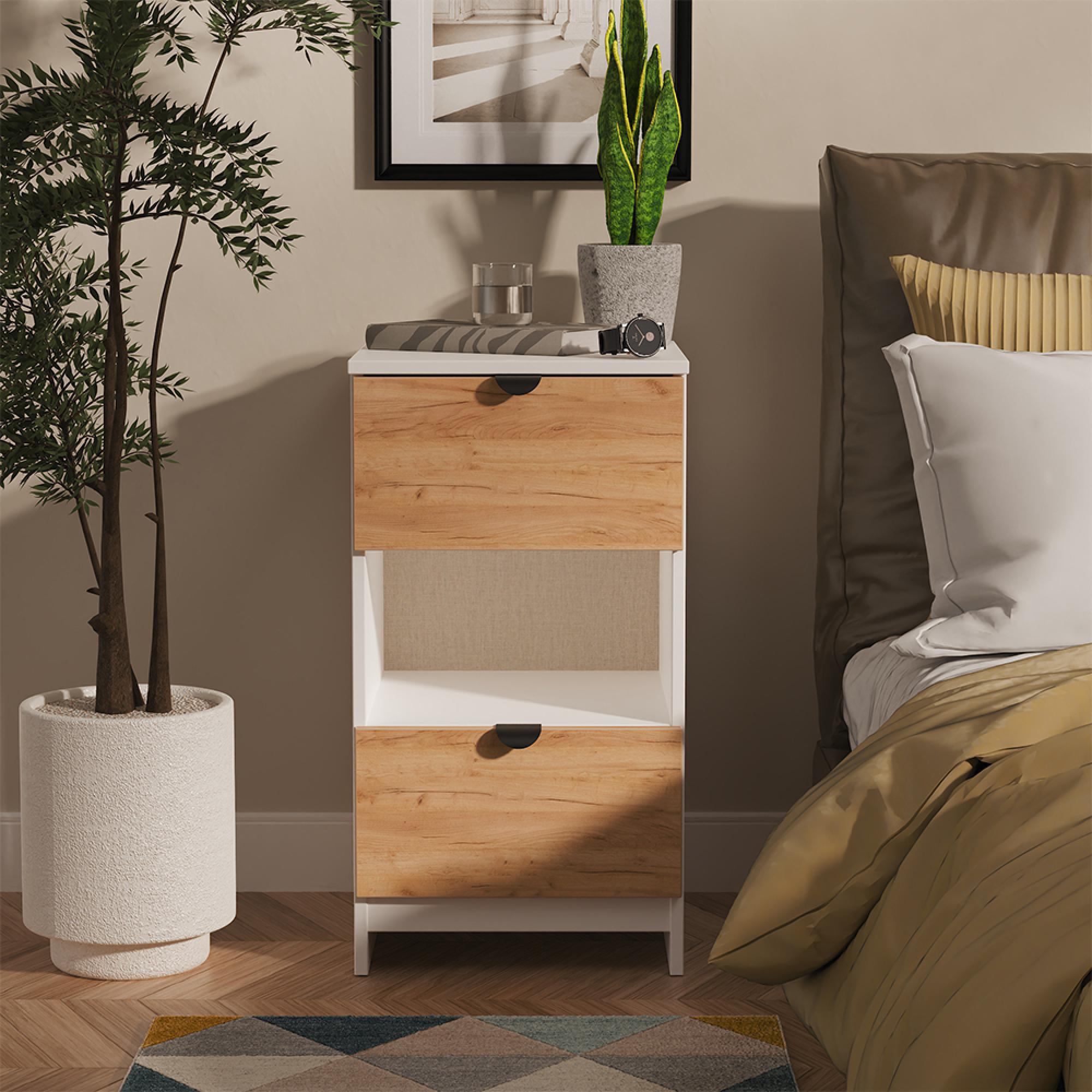 Bora Bedside Cabinet - 2 Drawer - Open Shelf - Gold Craft Oak and White Matt