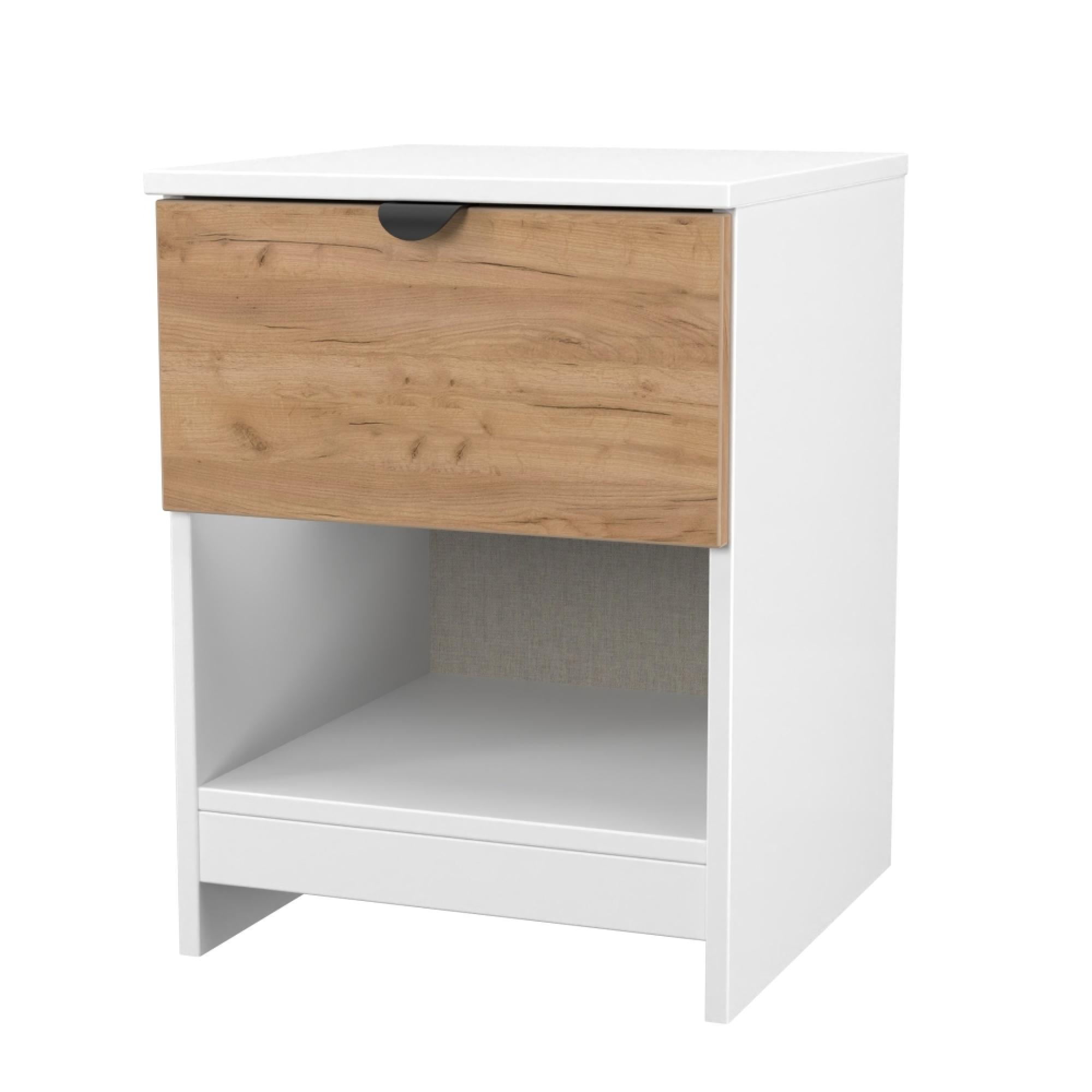 Bora Bedside Cabinet - 1 Drawer - Open Shelf - Gold Craft Oak and White Matt