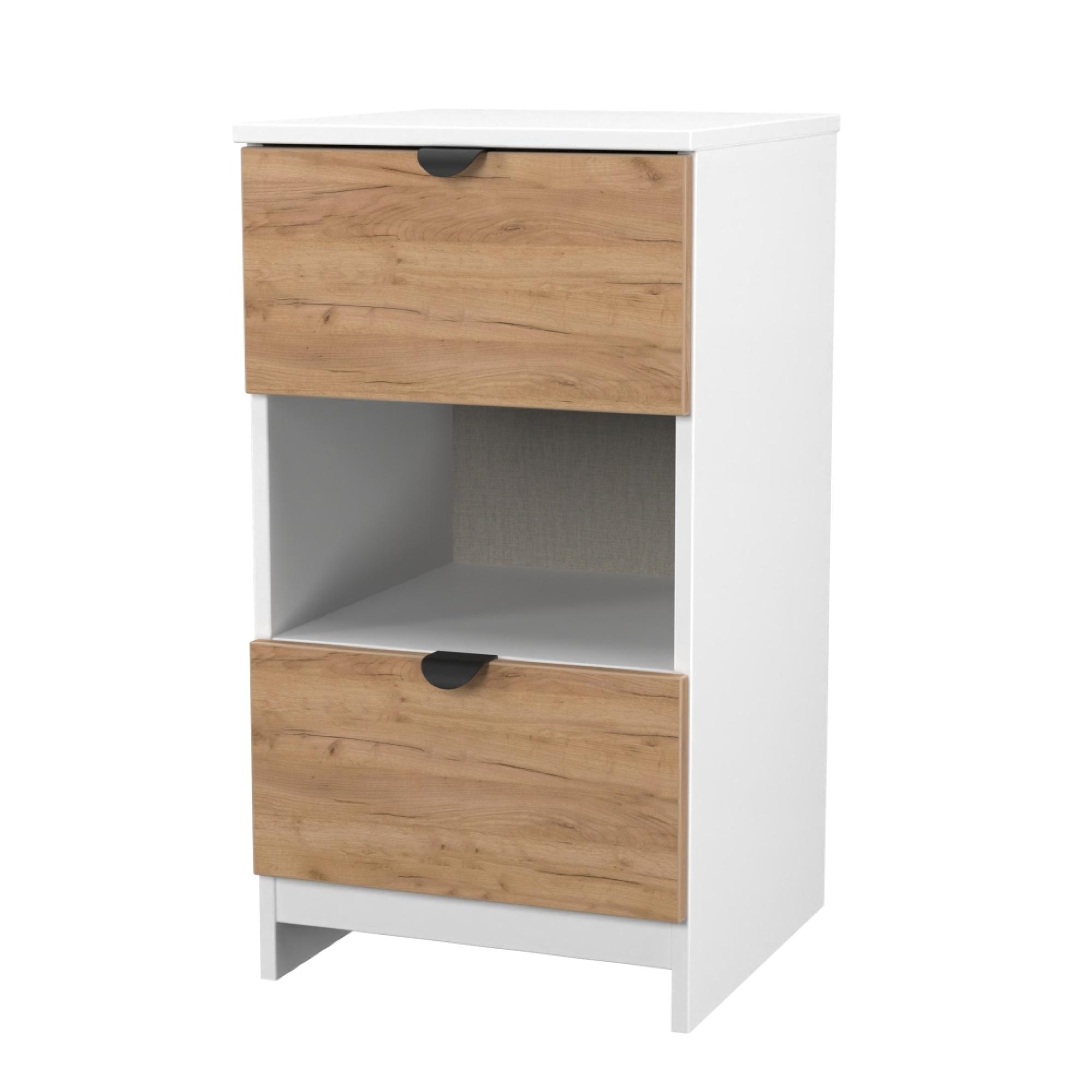 Bora Bedside Cabinet - 2 Drawer - Open Shelf - Gold Craft Oak and White Matt