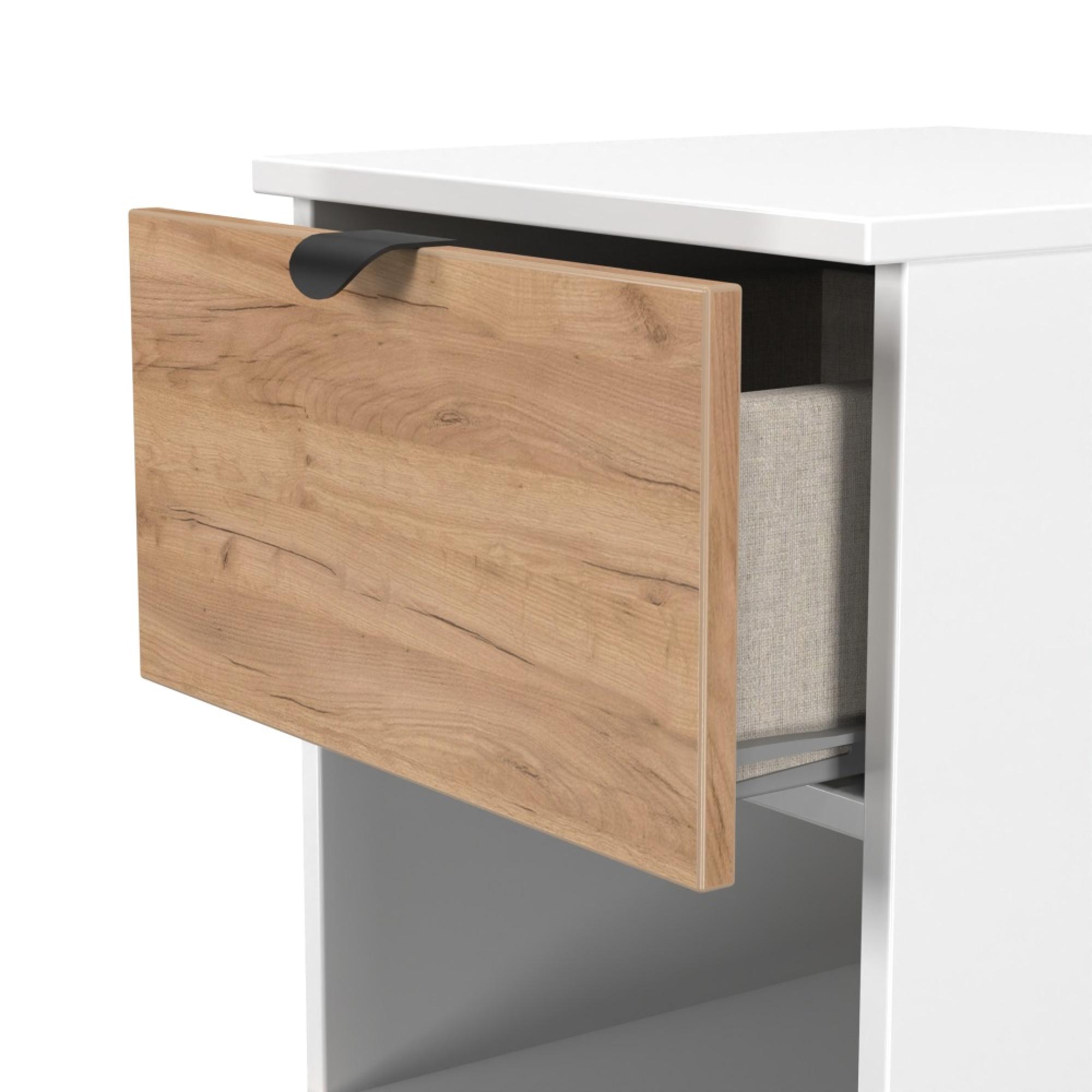 Bora Bedside Cabinet - 2 Drawer - Open Shelf - Gold Craft Oak and White Matt
