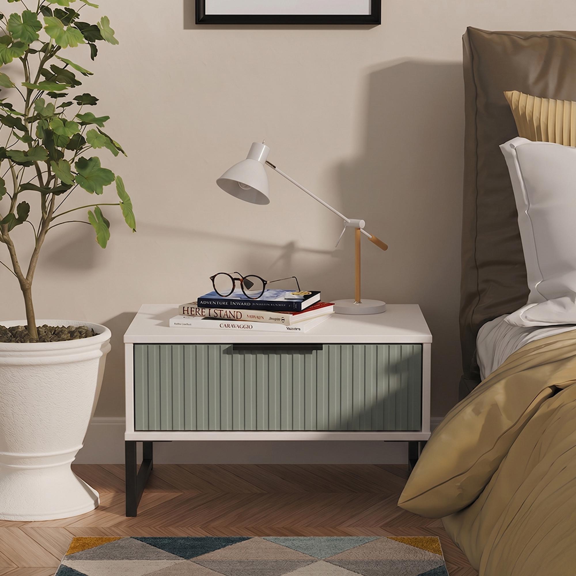 Fluted Bedside Cabinet - 1 Drawer - Midi - Reed Green and White Matt