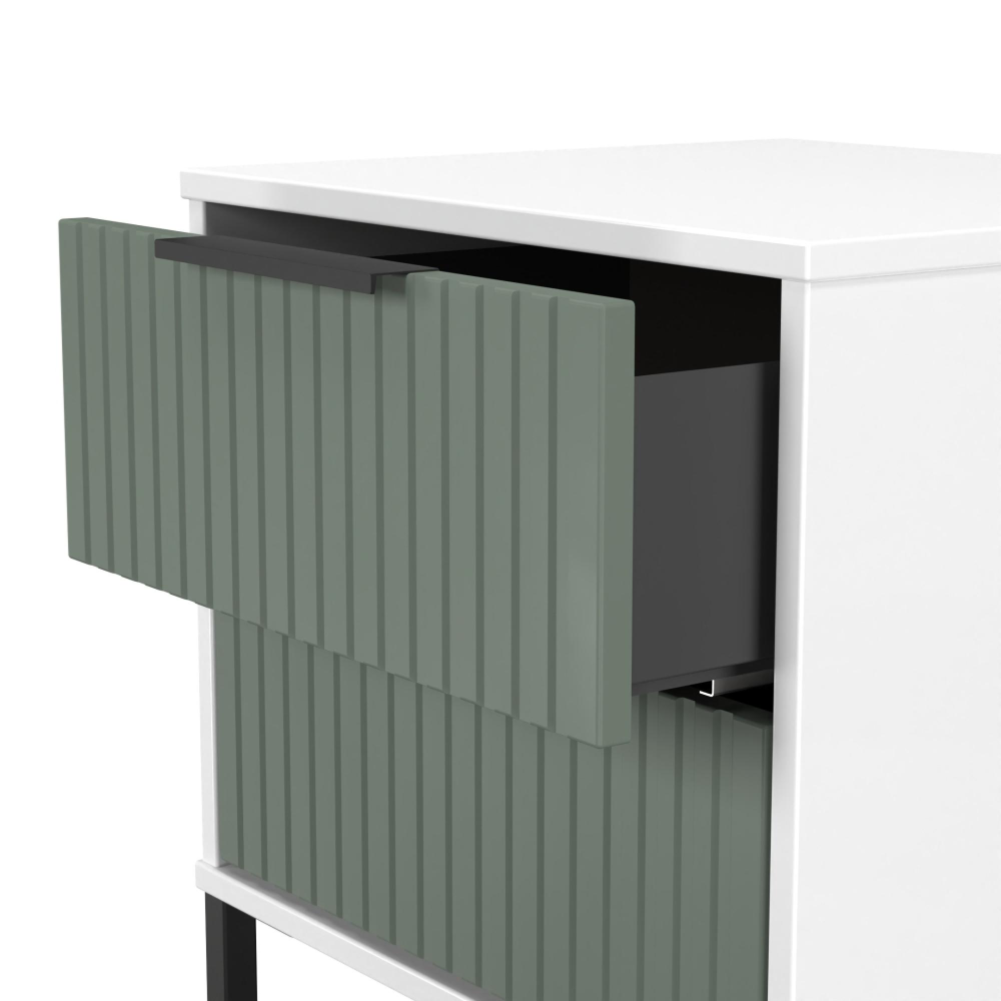 Fluted Bedside Cabinet - 2 Drawer - Reed Green and White Matt