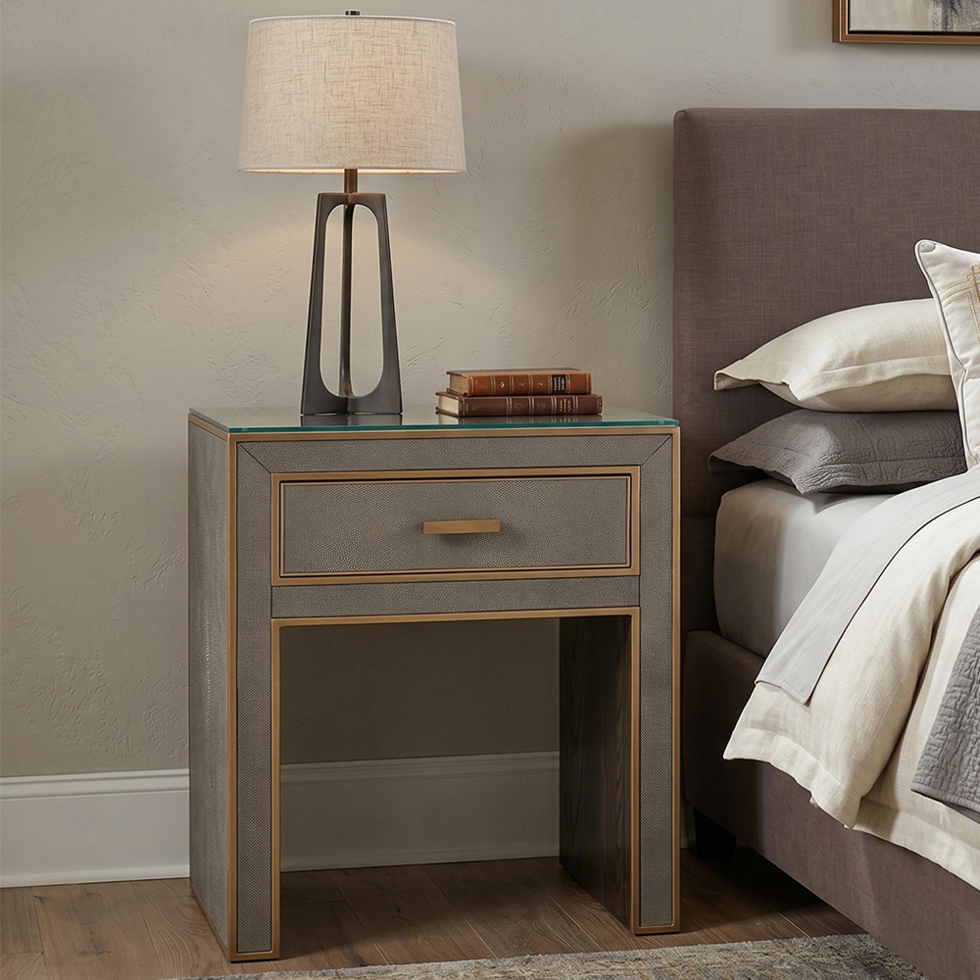Bloomville Bedside Table - 1 Drawer - Shagreen Faux Leather - Glass Top