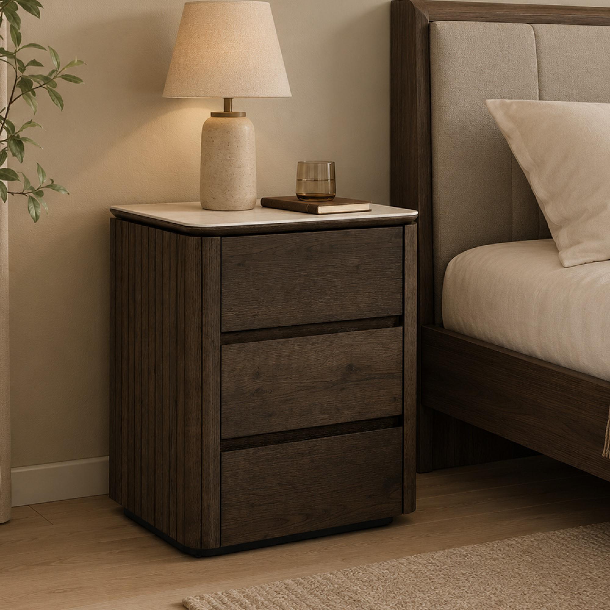 Ritz Fluted Nightstand - 3 Drawer - Brown - Ceramic and Recycled Wood