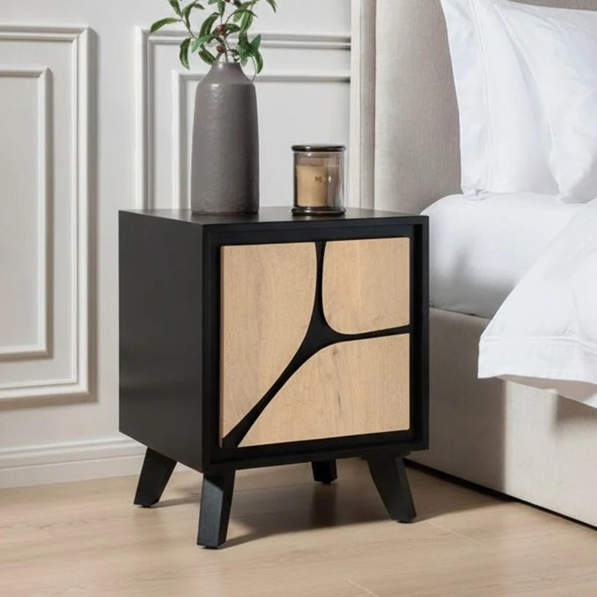 Boho Bedside Table - 1 Door - Geometric Design - Natural and Black - Mango Wood