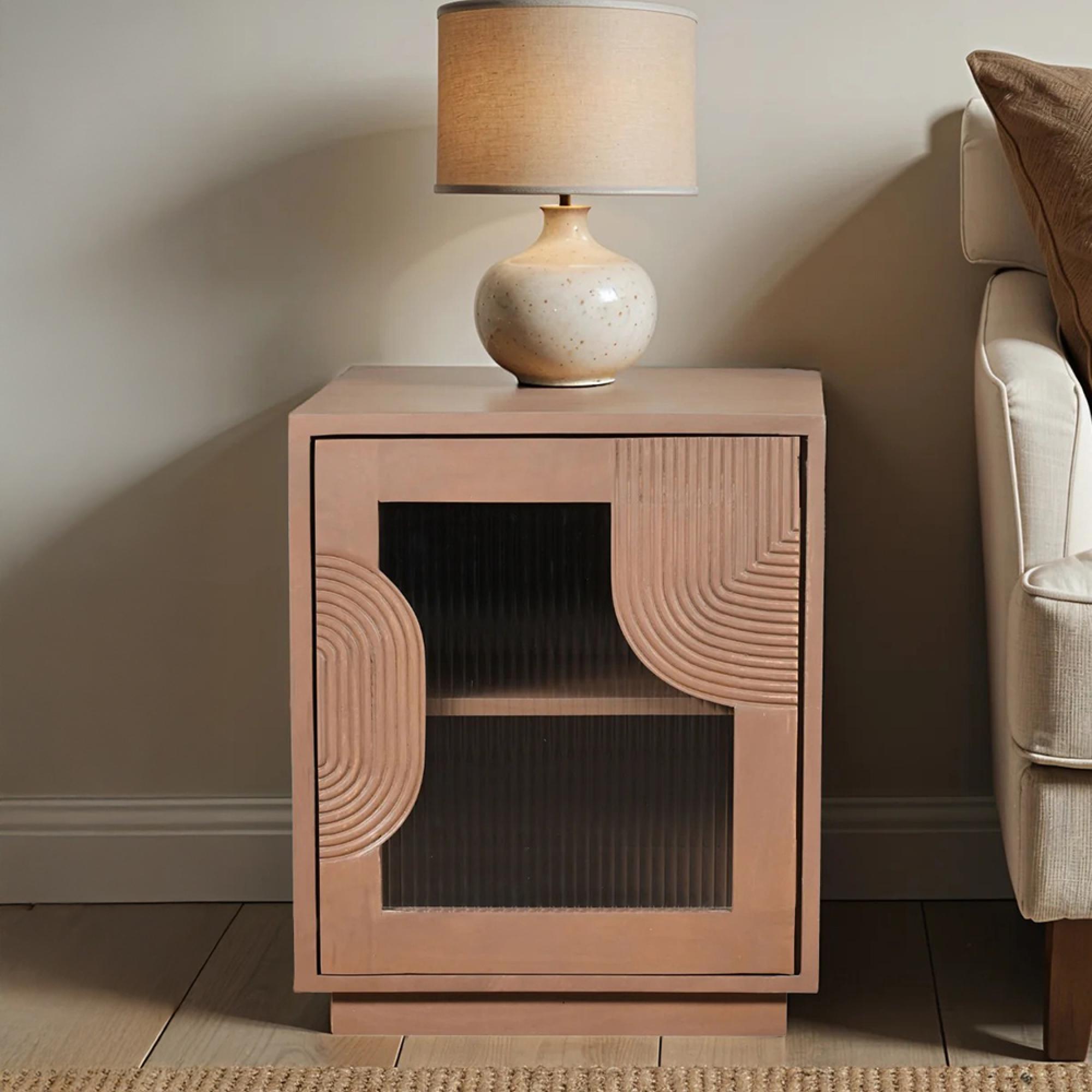 Indus Bedside Table - 1 Door - Pale Taupe - Mango Wood