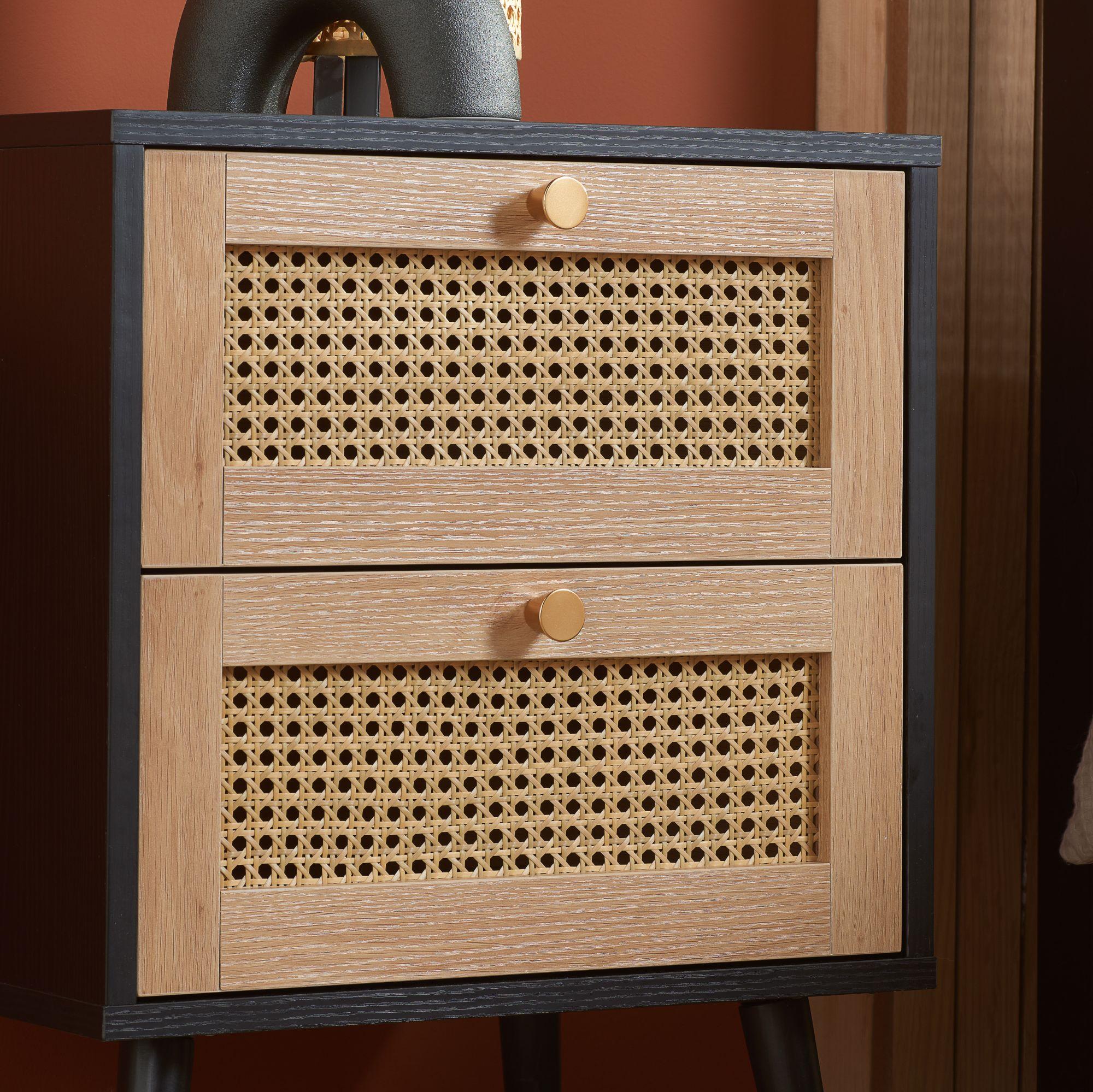 Croxley Bedside Cabinet - 2 Drawer - Black and Rattan