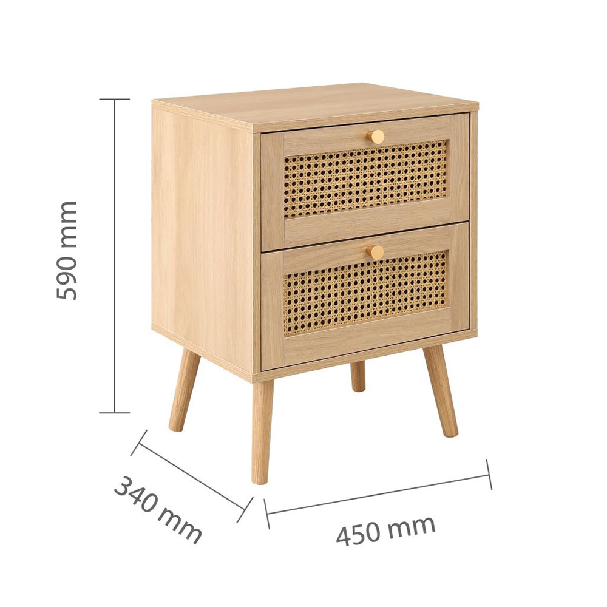 Croxley Bedside Cabinet - 2 Drawer - Oak and Rattan