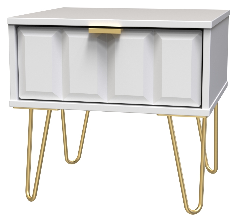 Cube Bedside Table - 1 Drawer - with Gold Hairpin Legs - White