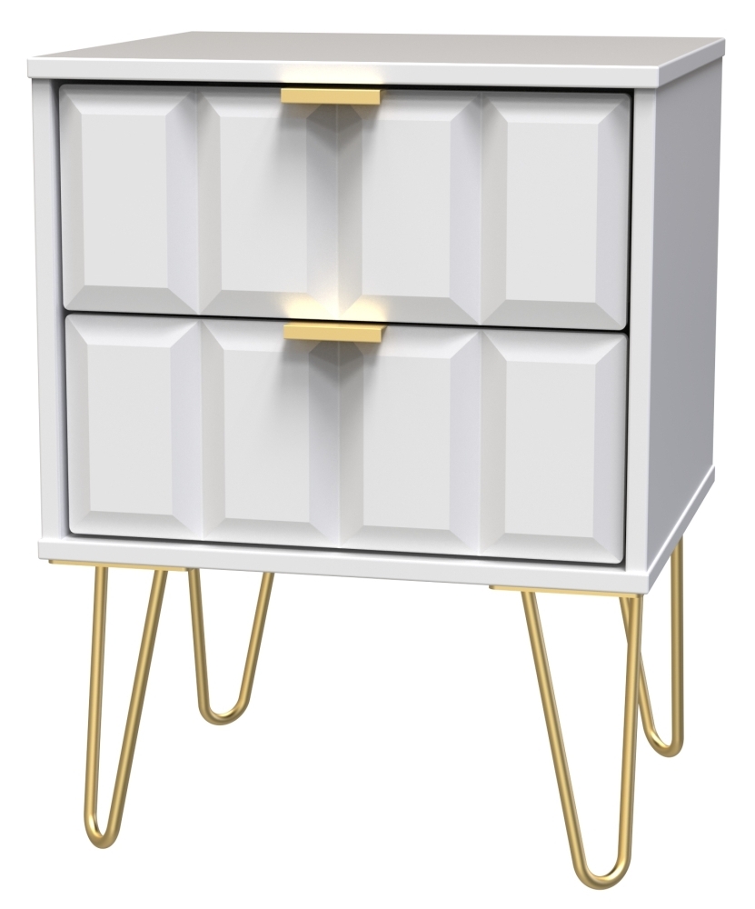 Cube Bedside Cabinet - 2 Drawer - with Gold Hairpin Legs - White