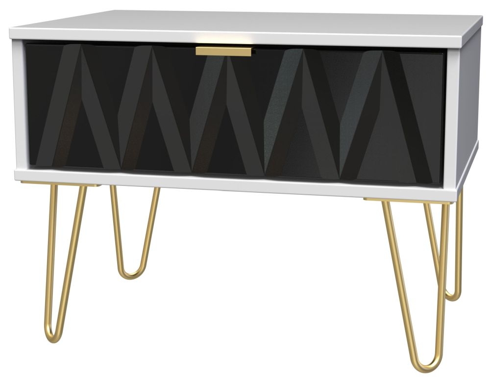 Diamond Midi Bedside Table - 1 Drawer - with Gold Hairpin Legs - Black and White
