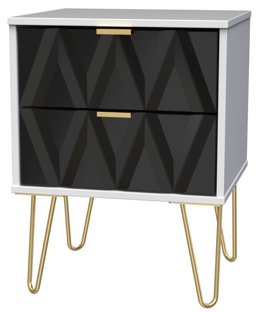 Diamond Bedside Cabinet - 2 Drawer - with Gold Hairpin Legs - Black and White