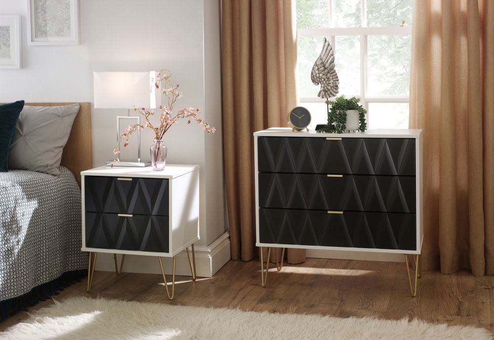 Diamond Bedside Cabinet - 2 Drawer - with Gold Hairpin Legs - Black and White