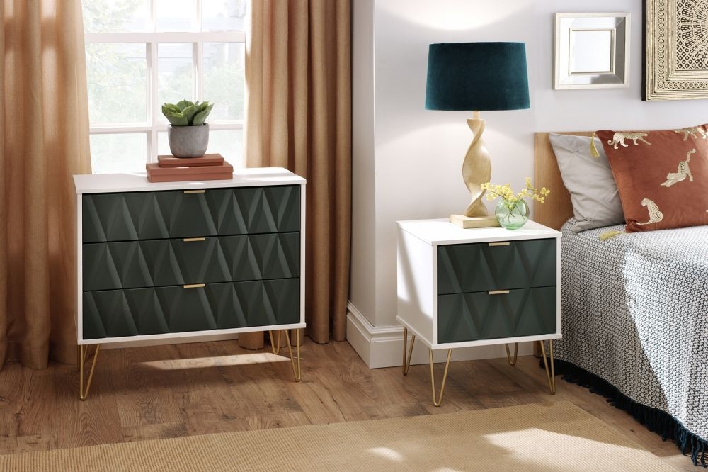 Diamond Bedside Cabinet - 2 Drawer - with Gold Hairpin Legs - Black and White