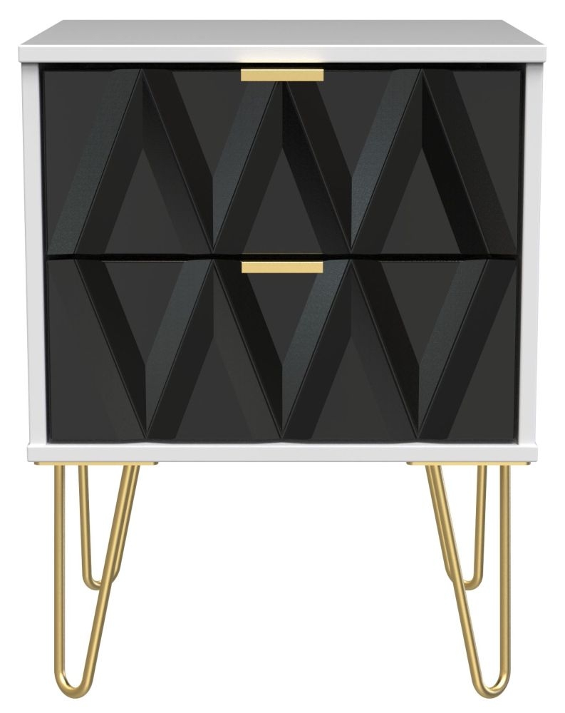 Diamond Black and White 2 Drawer Bedside Cabinet with Gold Hairpin Legs