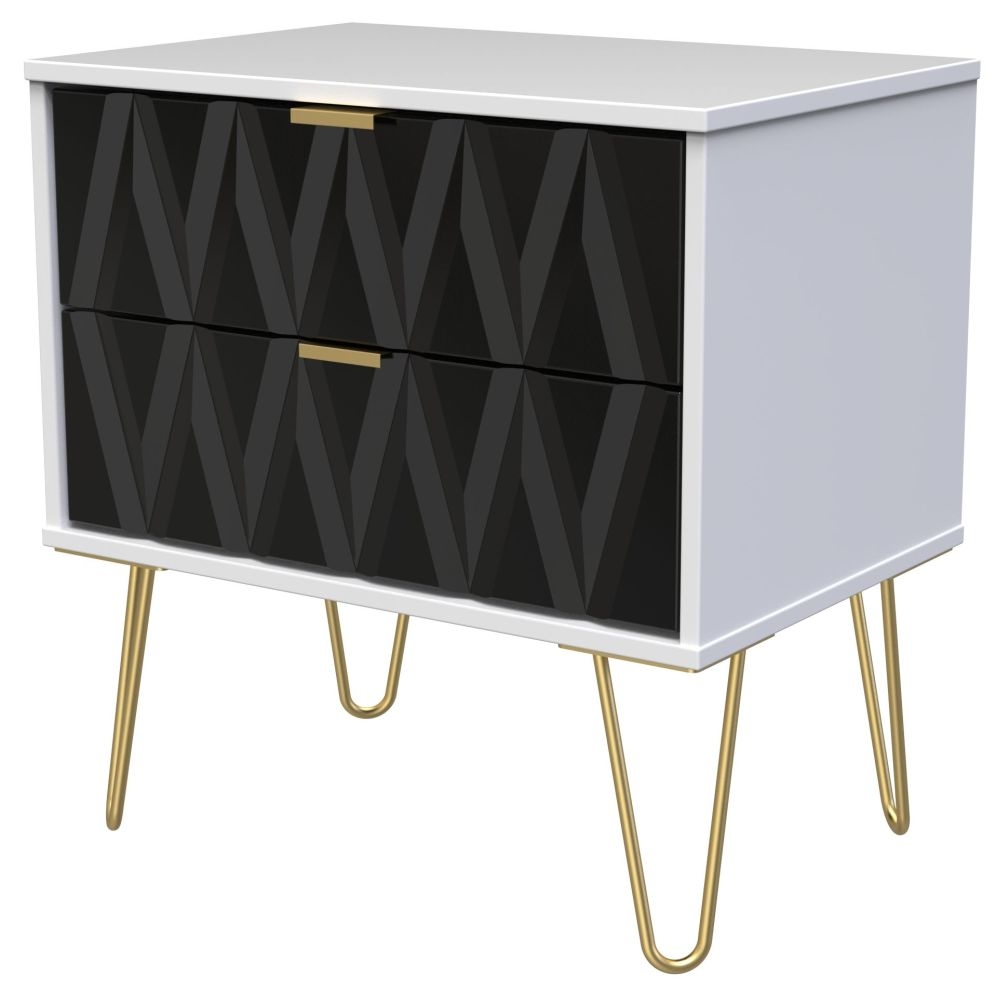 Diamond Midi Bedside Cabinet - 2 Drawer - with Gold Hairpin Legs - Black and White