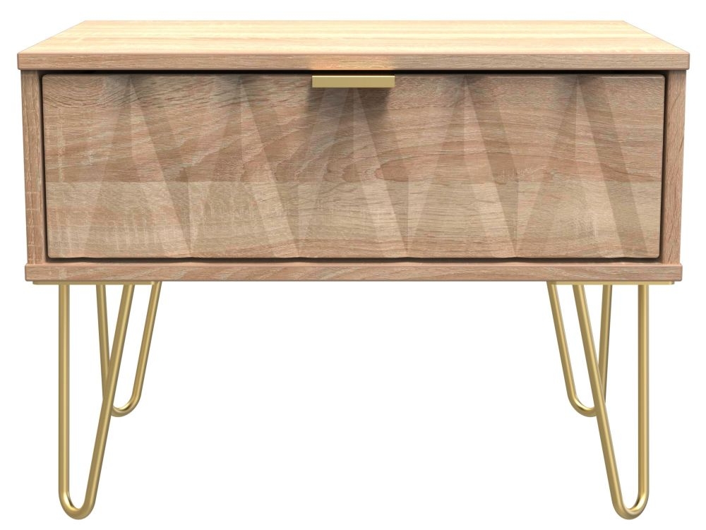 Diamond Oak Effect 1 Drawer Midi Bedside Table with Gold Hairpin Legs